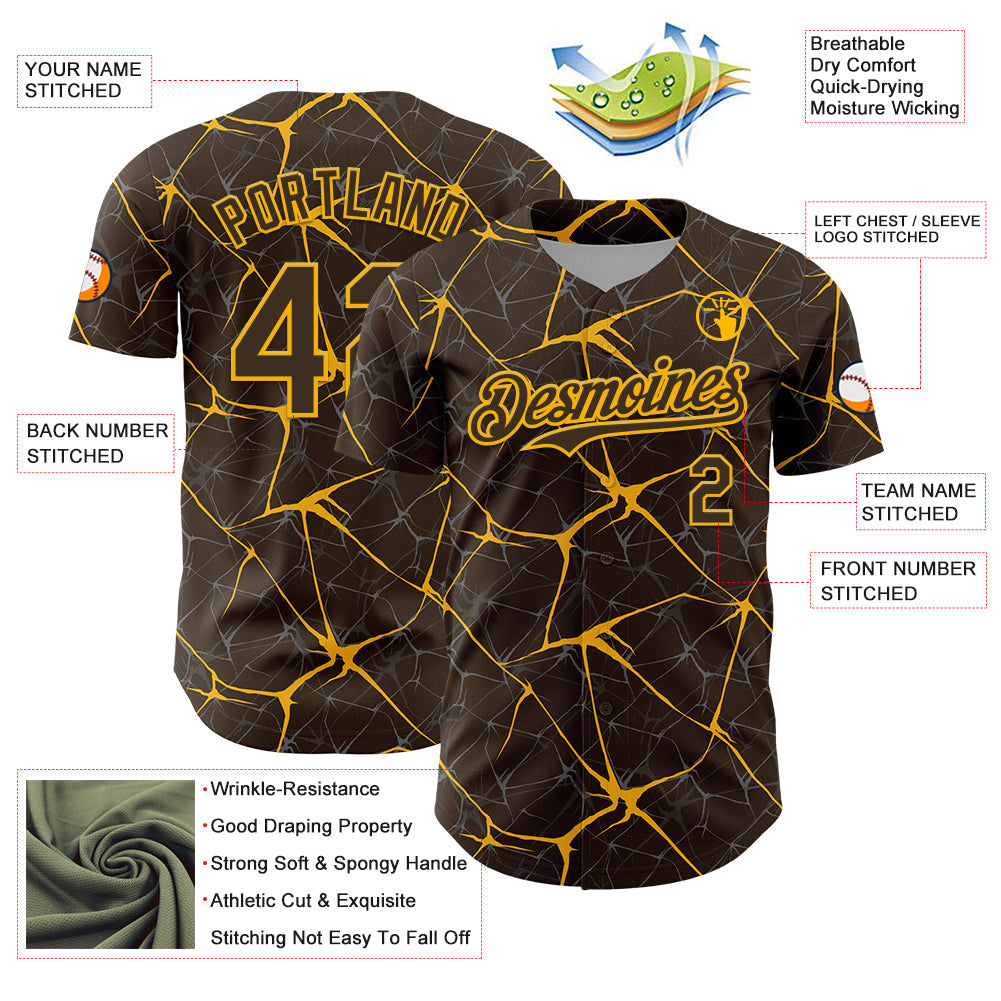 Custom Brown Gold 3D Pattern Design Abstract Network Authentic Baseball Jersey baseball jersey product view 3