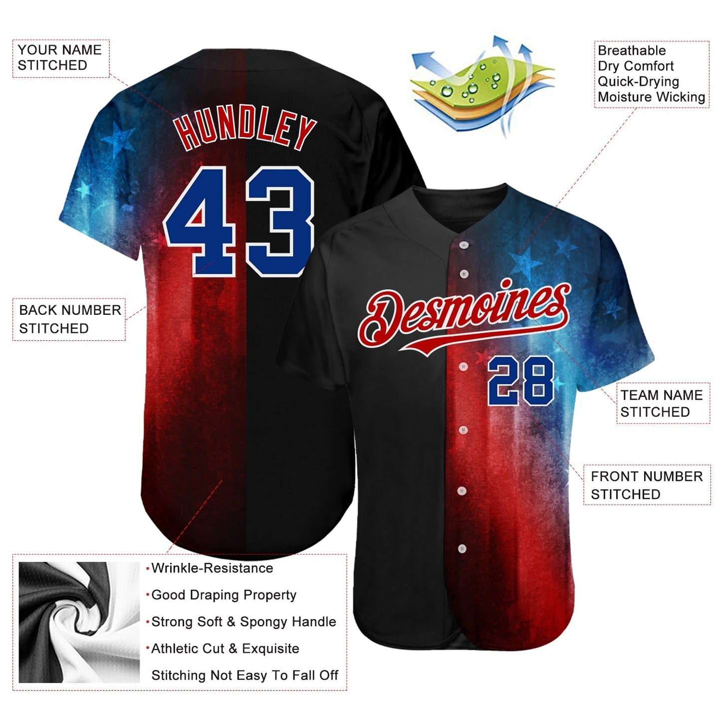 Custom Black Royal-Red 3D American Flag Fashion Authentic Baseball Jersey baseball jersey product view 3