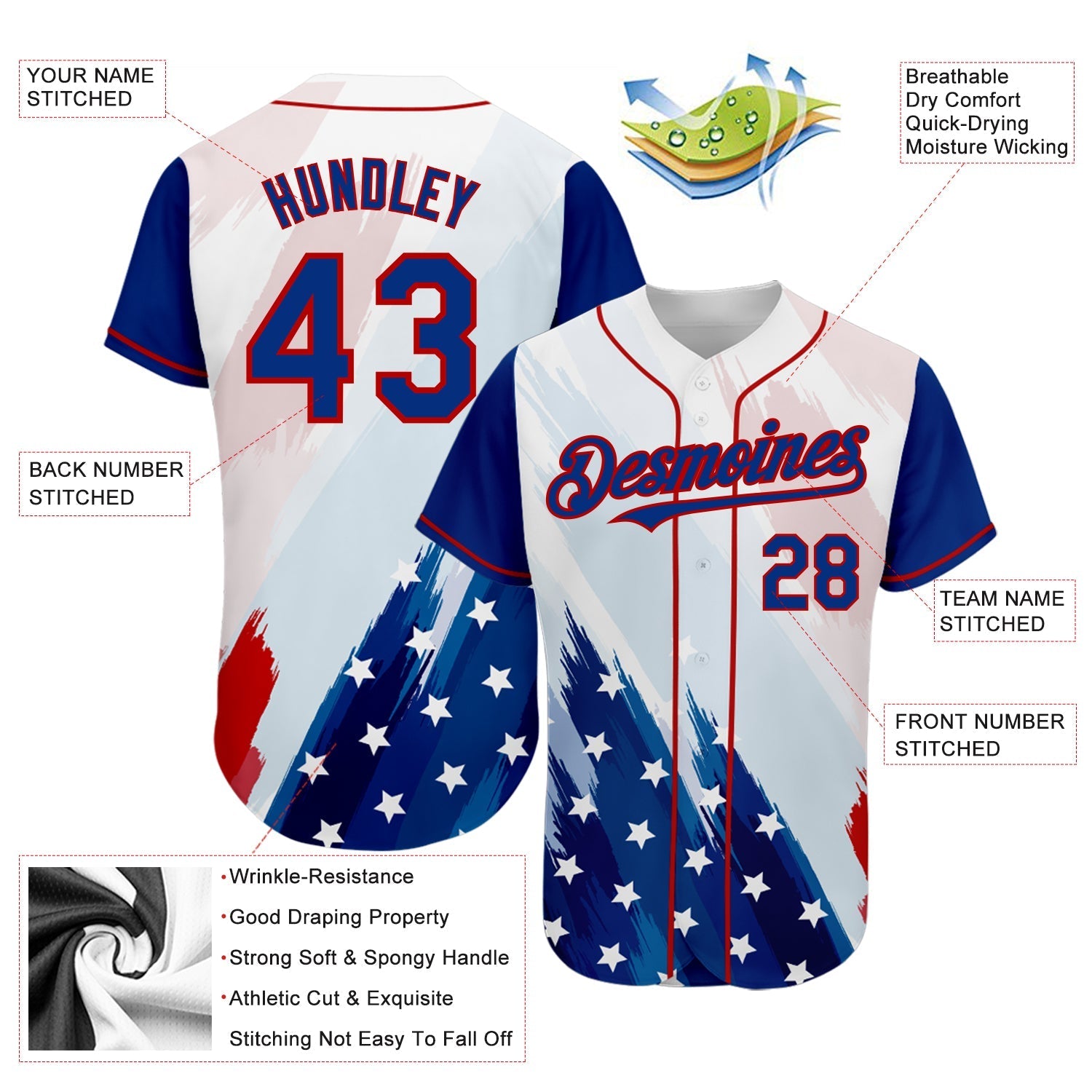 Custom White Royal-Red 3D American Flag Fashion Authentic Baseball Jersey baseball jersey product view 3