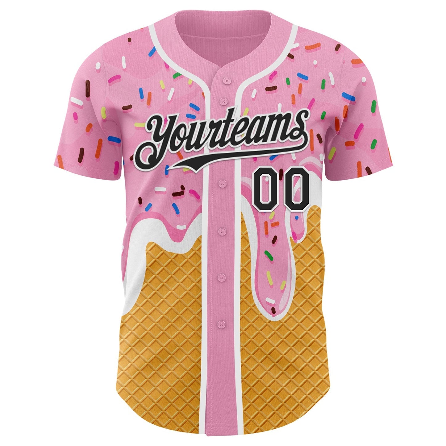 Custom Light Pink Black Yellow-White Foodie Food Dessert Melting Cream Waffle Grid Authentic Baseball Jersey baseball jersey product view 2