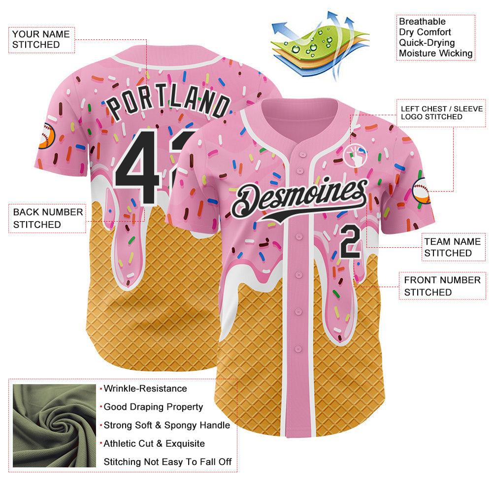 Custom Light Pink Black Yellow-White Foodie Food Dessert Melting Cream Waffle Grid Authentic Baseball Jersey baseball jersey product view 3