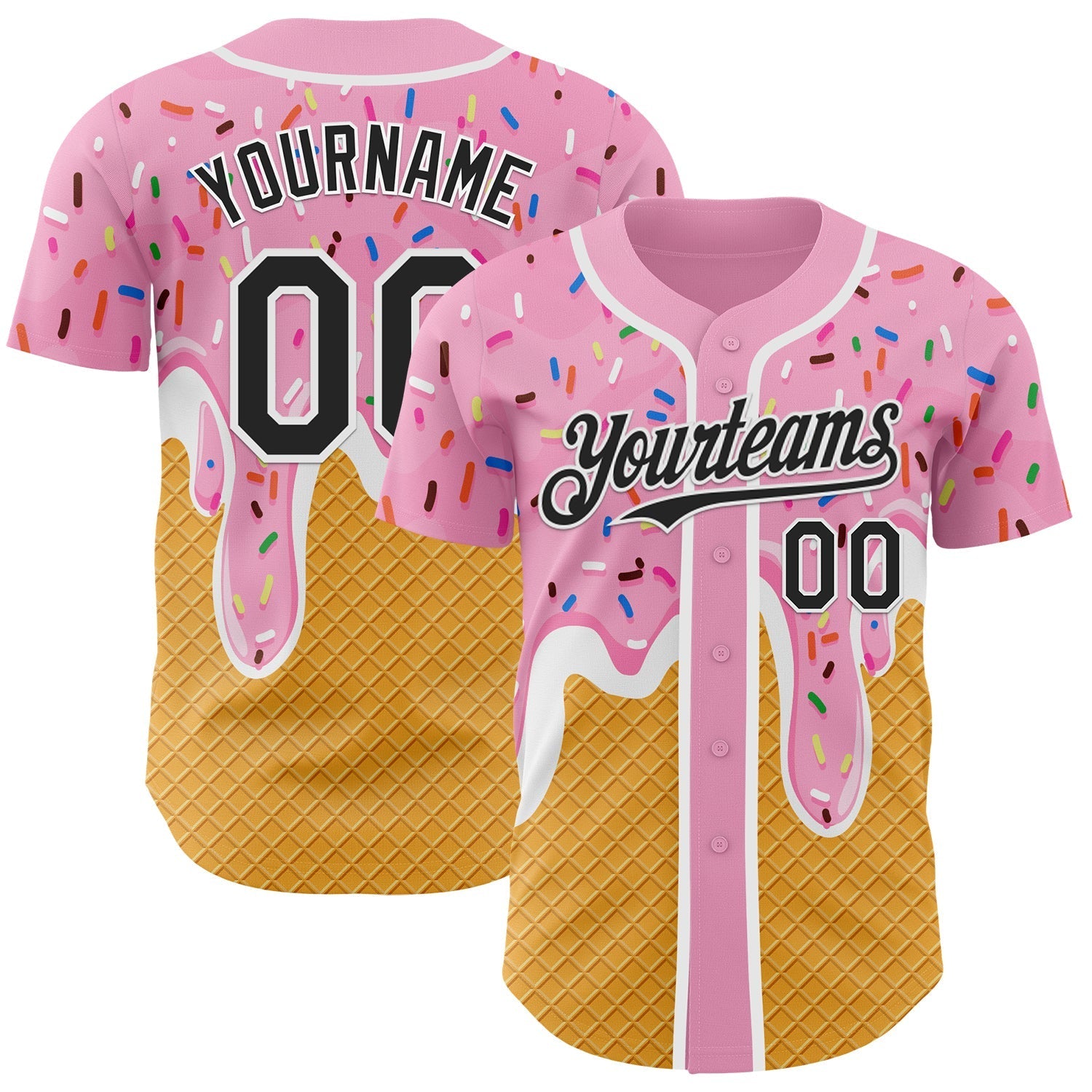 Custom Light Pink Black Yellow-White Foodie Food Dessert Melting Cream Waffle Grid Authentic Baseball Jersey baseball jersey product view 1