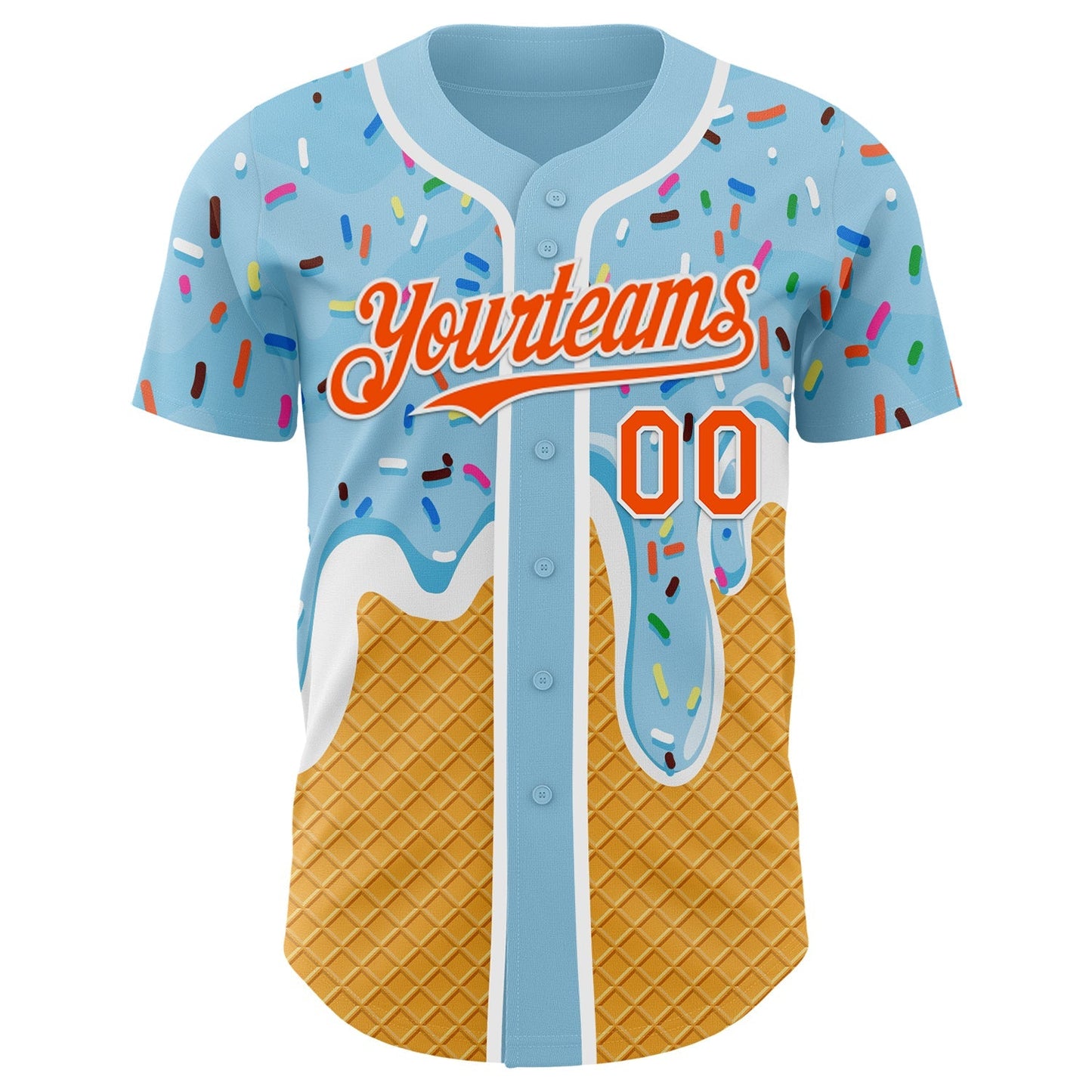 Custom Electric Blue Orange Yellow-White Foodie Food Dessert Melting Cream Waffle Grid Authentic Baseball Jersey baseball jersey product view 2