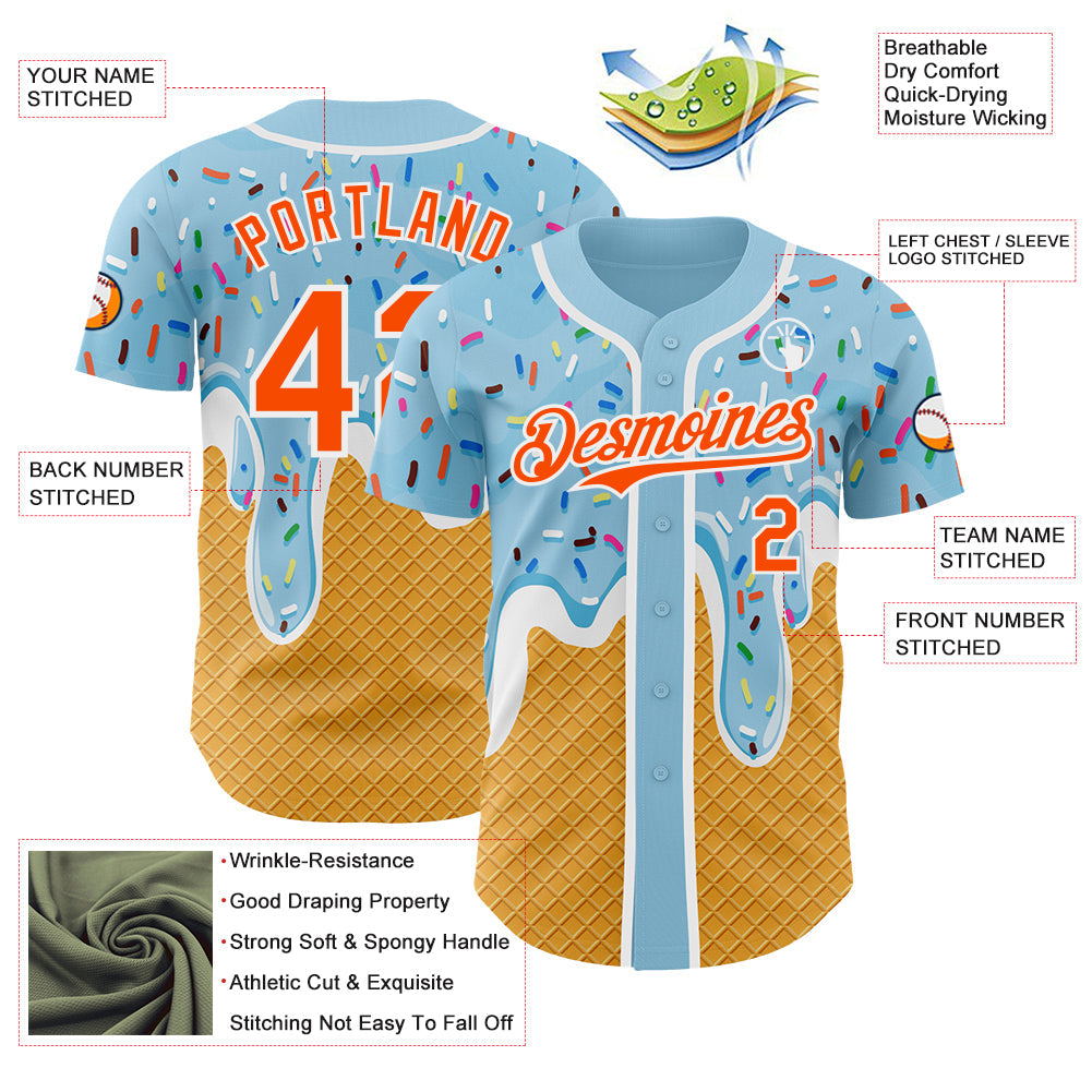 Custom Electric Blue Orange Yellow-White Foodie Food Dessert Melting Cream Waffle Grid Authentic Baseball Jersey baseball jersey product view 3