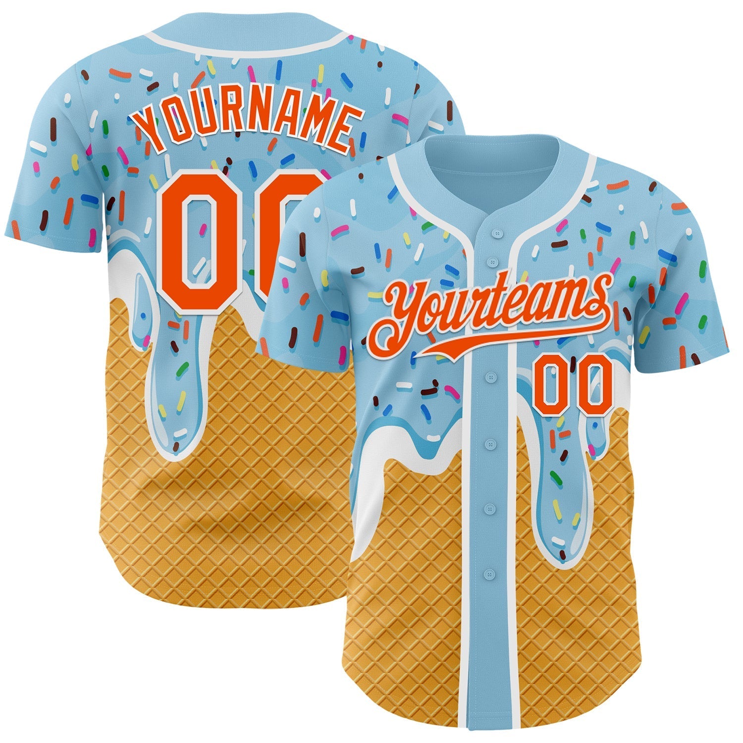 Custom Electric Blue Orange Yellow-White Foodie Food Dessert Melting Cream Waffle Grid Authentic Baseball Jersey baseball jersey product view 1