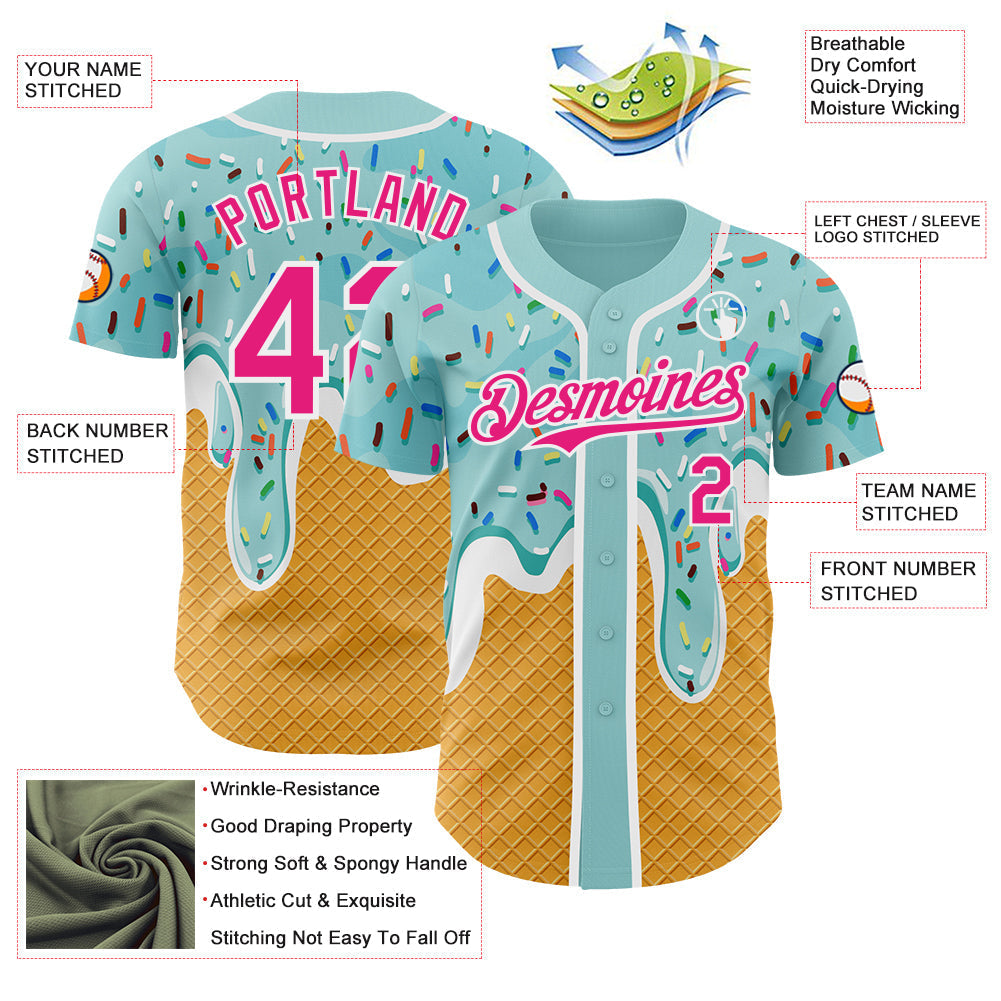 Custom Ice Blue Hot Pink Yellow-White Foodie Food Dessert Melting Cream Waffle Grid Authentic Baseball Jersey baseball jersey product view 3
