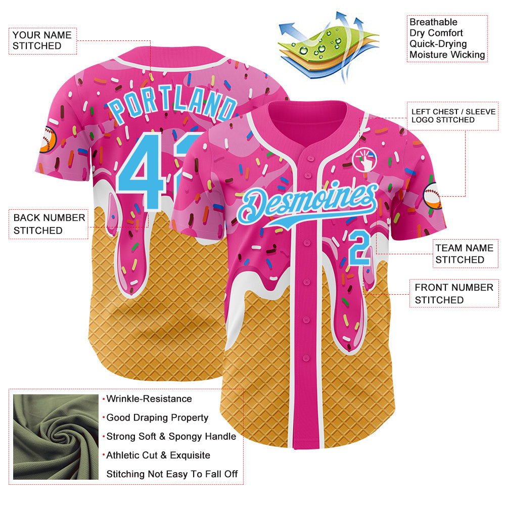 Custom Pink Sky Blue Yellow-White Foodie Food Dessert Melting Cream Waffle Grid Authentic Baseball Jersey baseball jersey product view 3