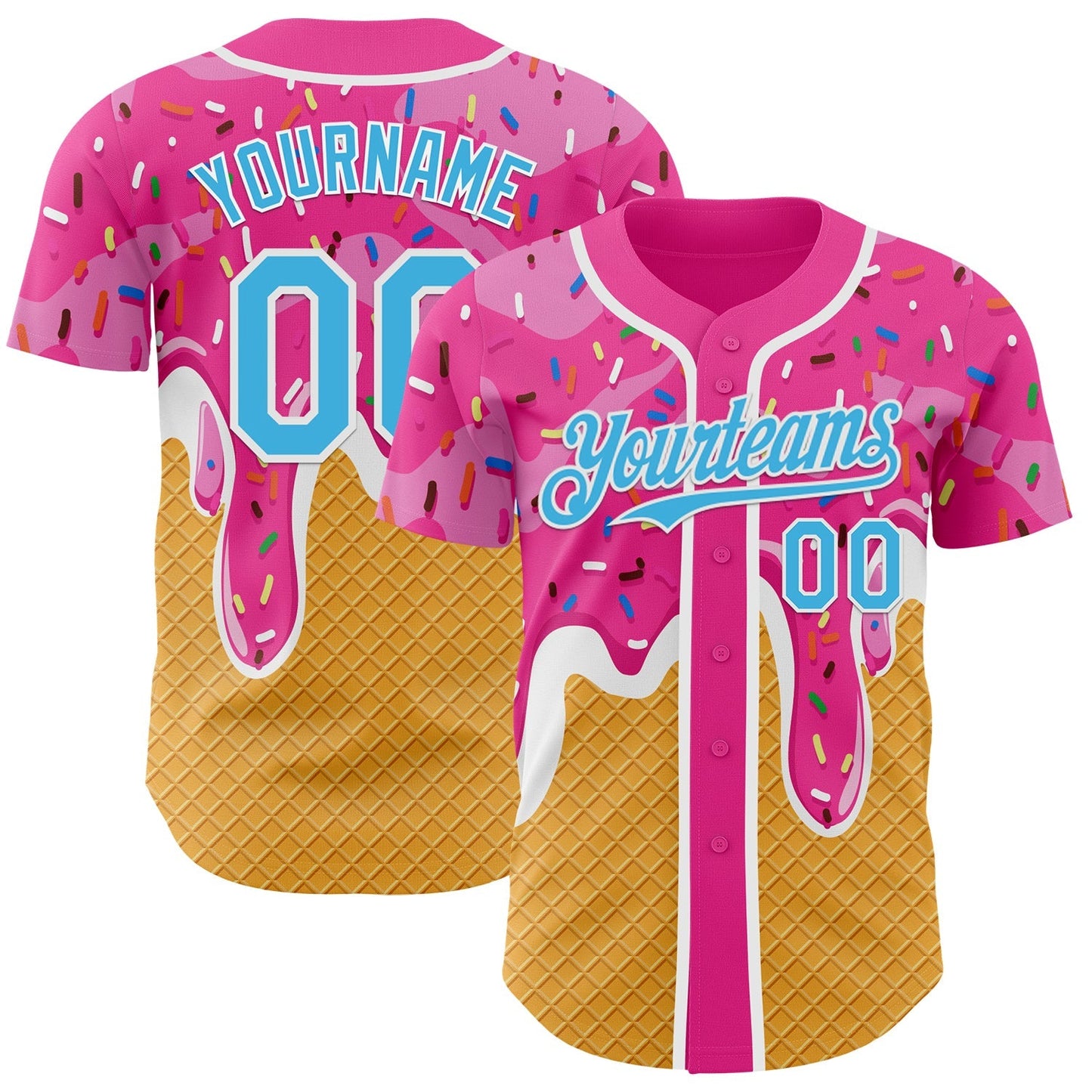 Custom Pink Sky Blue Yellow-White Foodie Food Dessert Melting Cream Waffle Grid Authentic Baseball Jersey baseball jersey product view 1