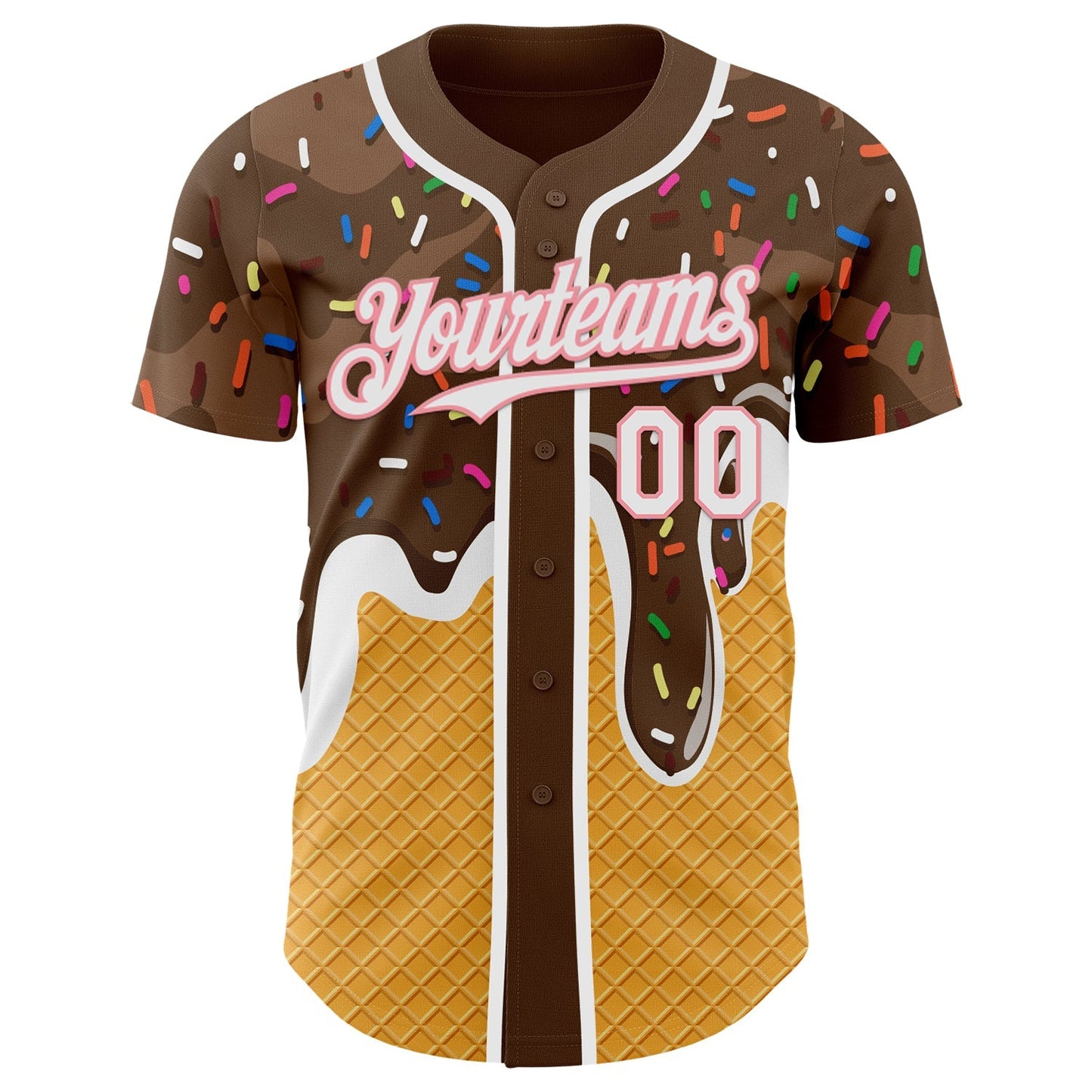 Custom Brown White Yellow-Medium Pink Foodie Food Dessert Melting Cream Waffle Grid Authentic Baseball Jersey baseball jersey product view 2