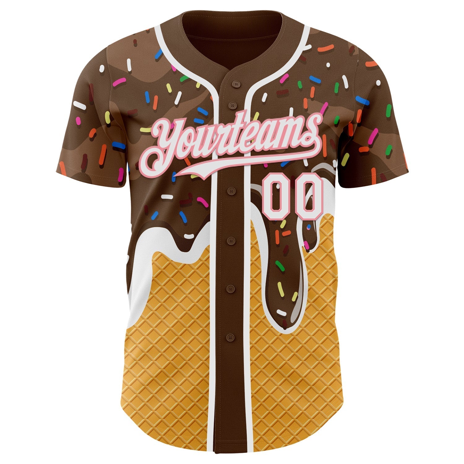 Custom Brown White Yellow-Medium Pink Foodie Food Dessert Melting Cream Waffle Grid Authentic Baseball Jersey baseball jersey product view 2