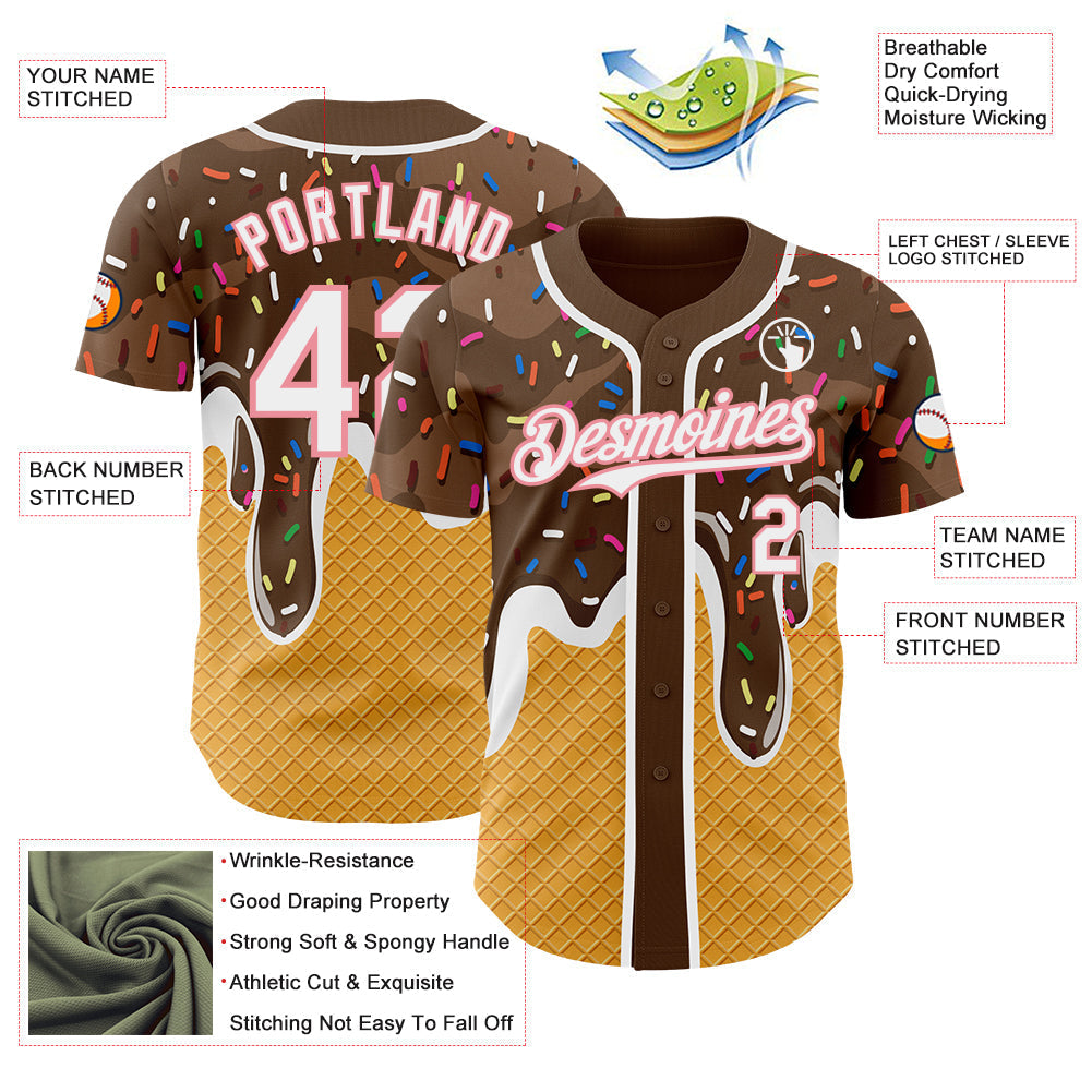 Custom Brown White Yellow-Medium Pink Foodie Food Dessert Melting Cream Waffle Grid Authentic Baseball Jersey baseball jersey product view 3