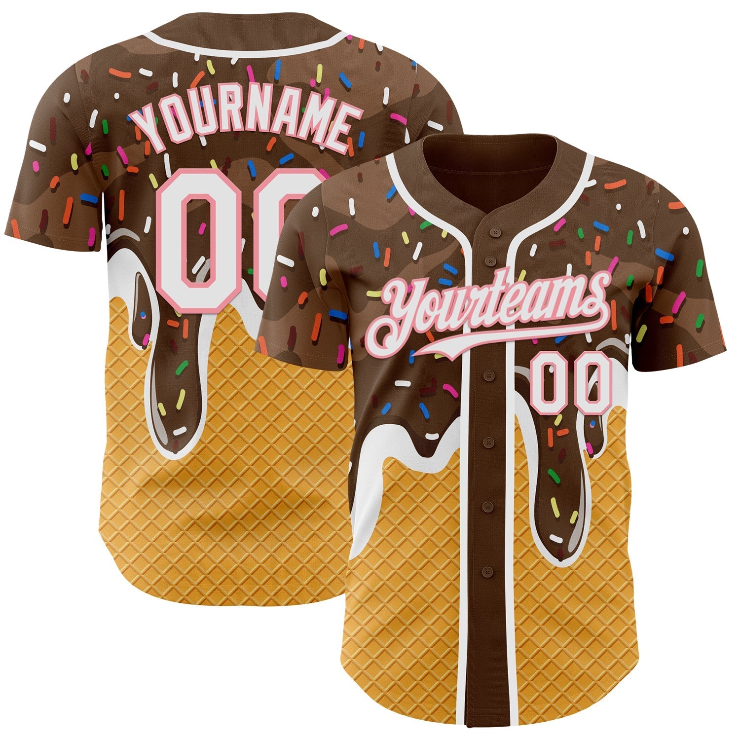 Custom Brown White Yellow-Medium Pink Foodie Food Dessert Melting Cream Waffle Grid Authentic Baseball Jersey baseball jersey product view 1
