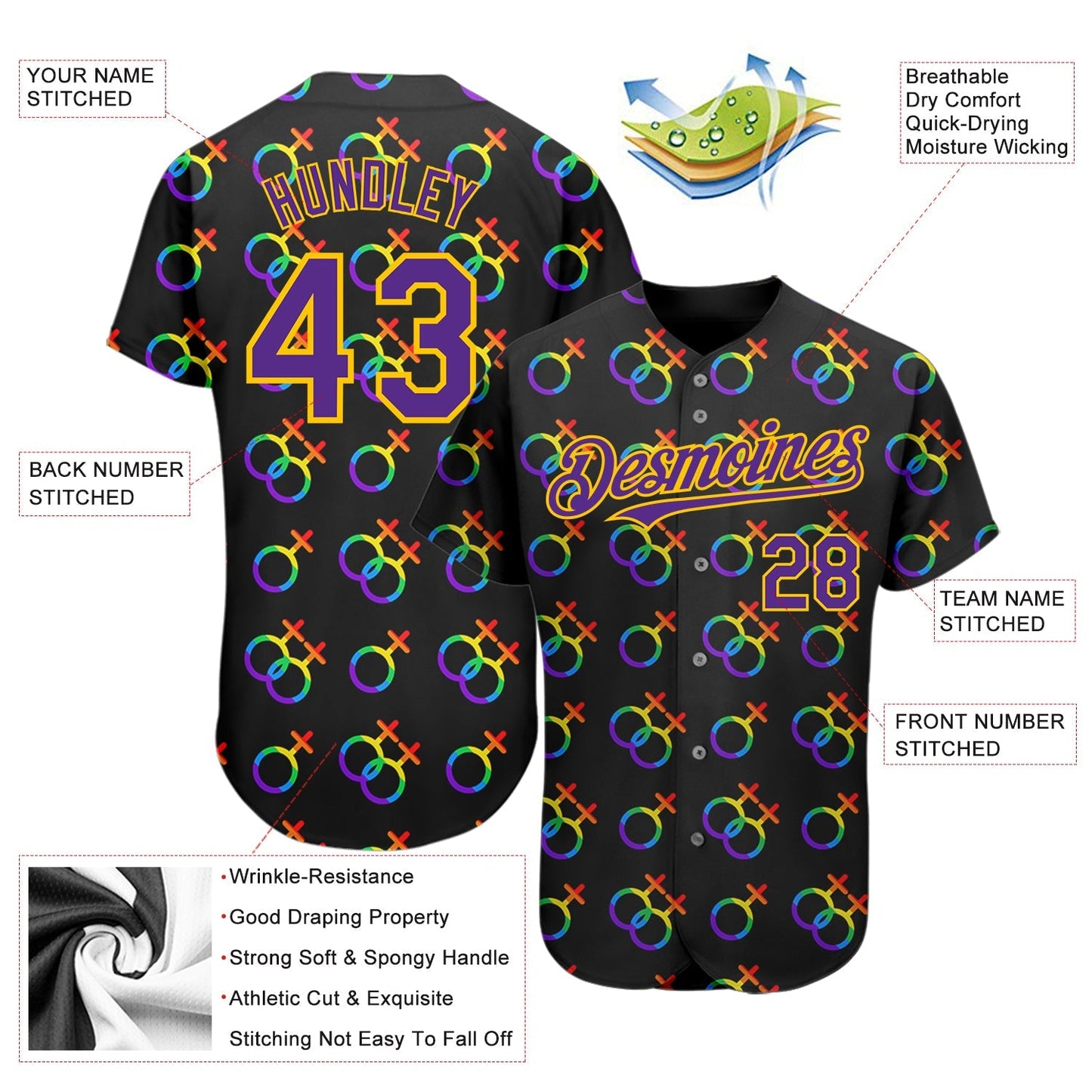 Custom Rainbow For Pride Month Love Is Love LGBT 3D Authentic Baseball Jersey baseball jersey product view 3