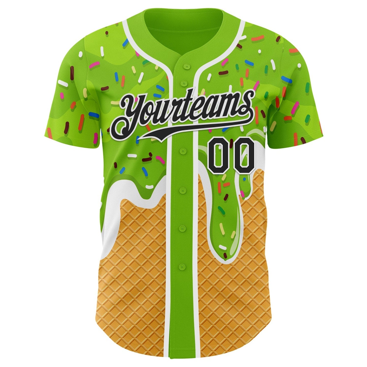 Custom Neon Green Black Yellow-White Foodie Food Dessert Melting Cream Waffle Grid Authentic Baseball Jersey baseball jersey product view 2