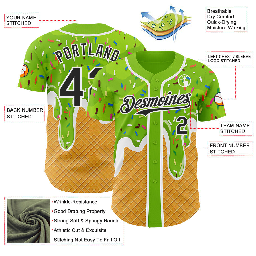 Custom Neon Green Black Yellow-White Foodie Food Dessert Melting Cream Waffle Grid Authentic Baseball Jersey baseball jersey product view 3