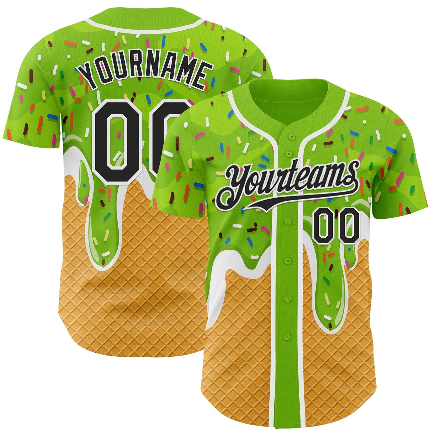 Custom Neon Green Black Yellow-White Foodie Food Dessert Melting Cream Waffle Grid Authentic Baseball Jersey baseball jersey product view 1