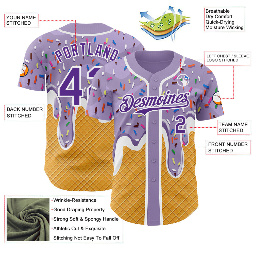 Custom Light Purple Purple Yellow-White Foodie Food Dessert Melting Cream Waffle Grid Authentic Baseball Jersey baseball jersey product view 3