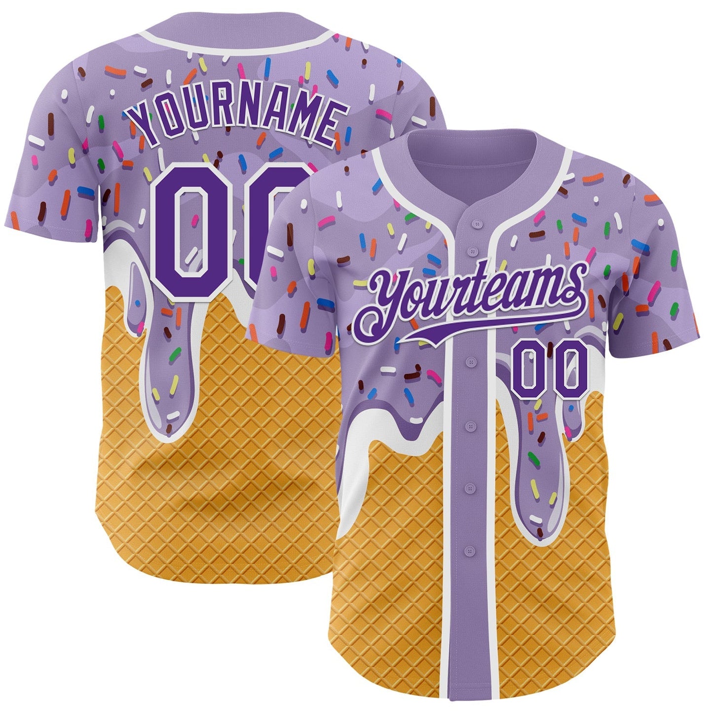 Custom Light Purple Purple Yellow-White Foodie Food Dessert Melting Cream Waffle Grid Authentic Baseball Jersey baseball jersey product view 1