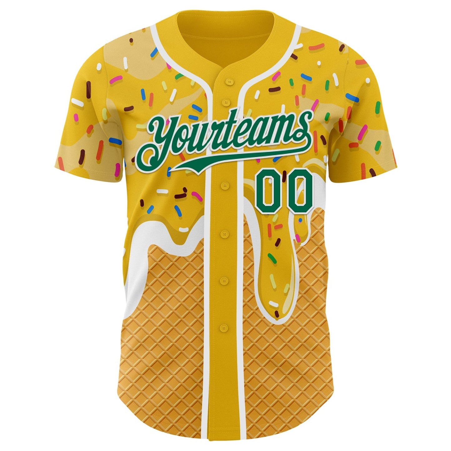 Custom Yellow Kelly Green-White Foodie Food Dessert Melting Cream Waffle Grid Authentic Baseball Jersey baseball jersey product view 2