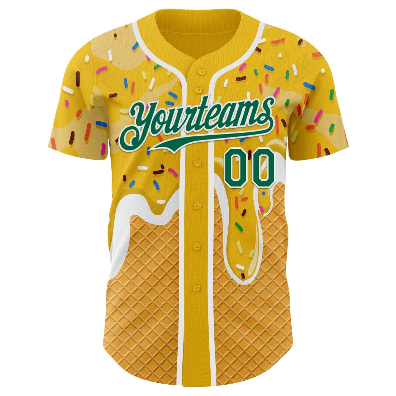 Custom Yellow Kelly Green-White Foodie Food Dessert Melting Cream Waffle Grid Authentic Baseball Jersey baseball jersey product view 2