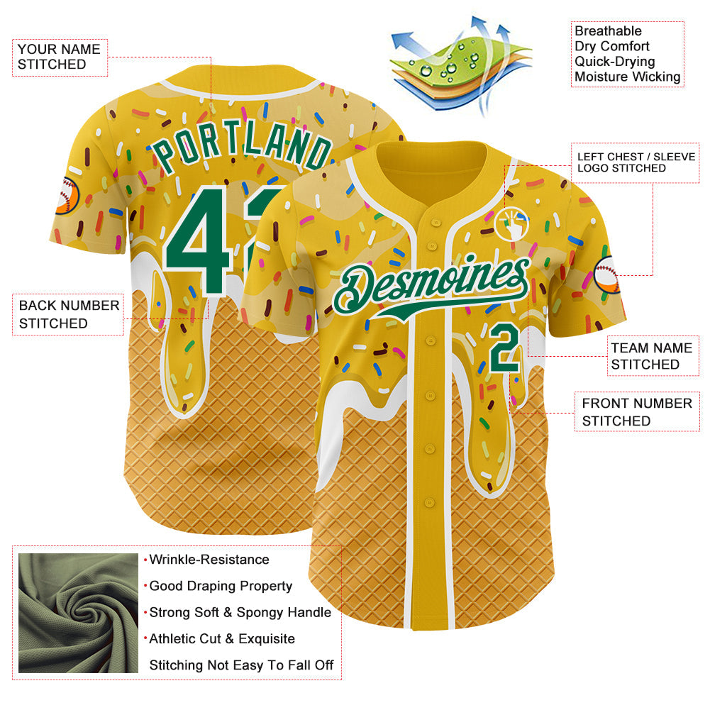 Custom Yellow Kelly Green-White Foodie Food Dessert Melting Cream Waffle Grid Authentic Baseball Jersey baseball jersey product view 3