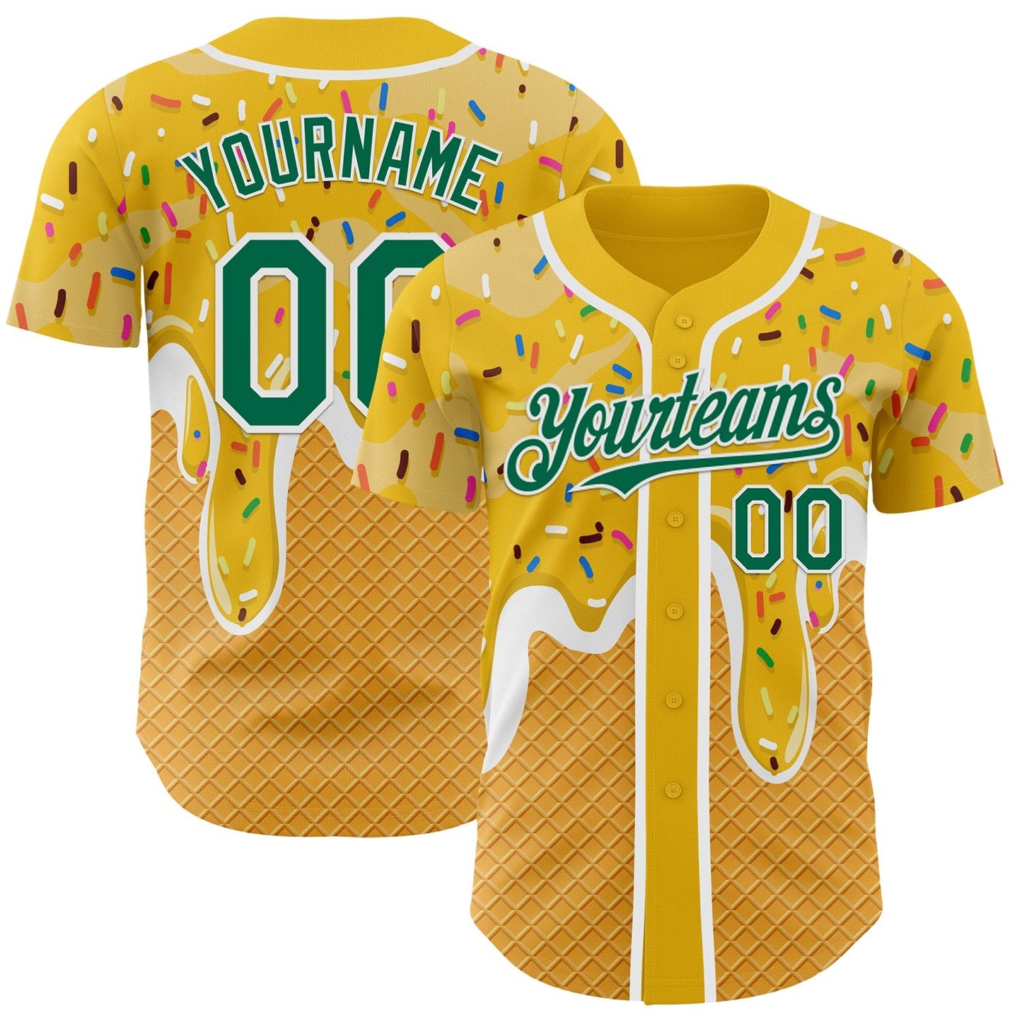 Custom Yellow Kelly Green-White Foodie Food Dessert Melting Cream Waffle Grid Authentic Baseball Jersey baseball jersey product view 1