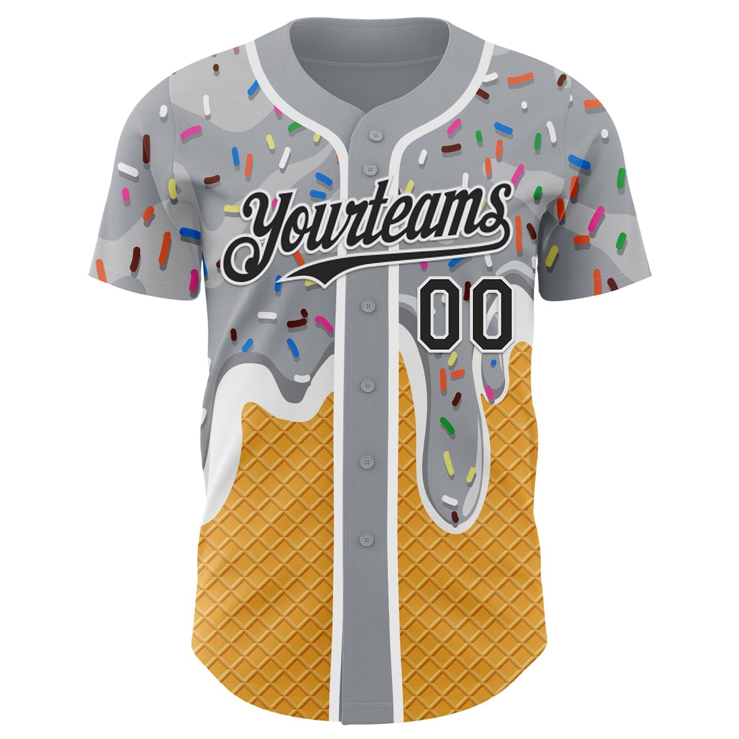 Custom Gray Black Yellow-White Foodie Food Dessert Melting Cream Waffle Grid Authentic Baseball Jersey baseball jersey product view 2