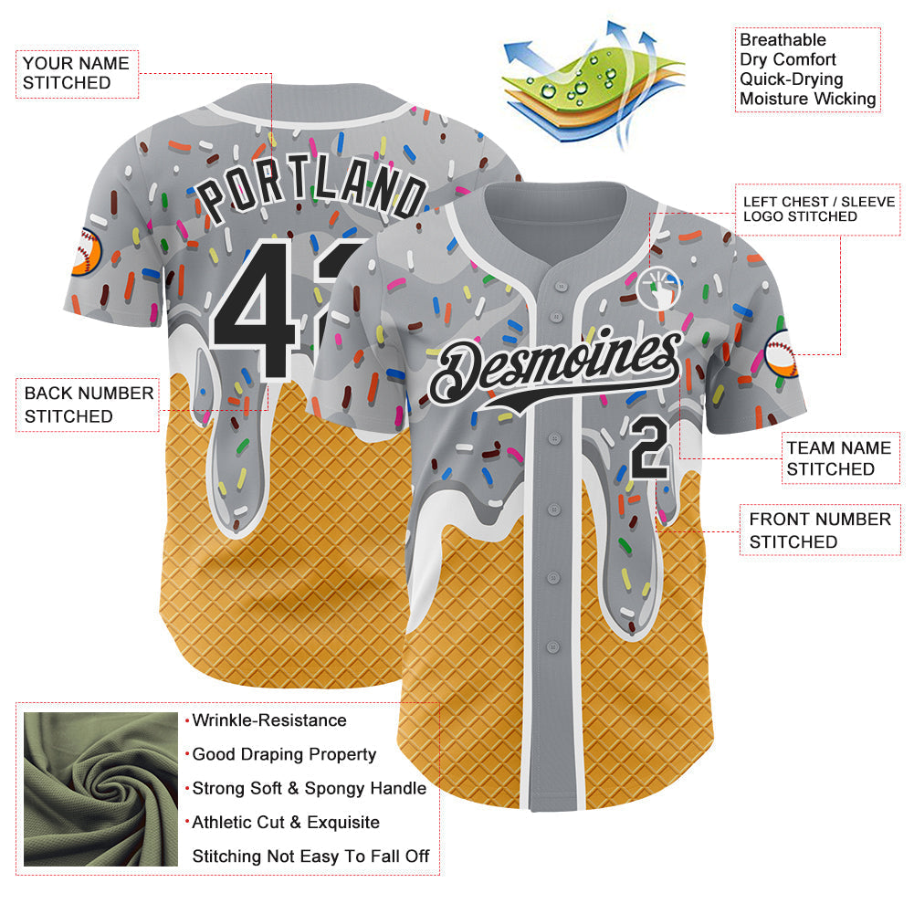 Custom Gray Black Yellow-White Foodie Food Dessert Melting Cream Waffle Grid Authentic Baseball Jersey baseball jersey product view 3