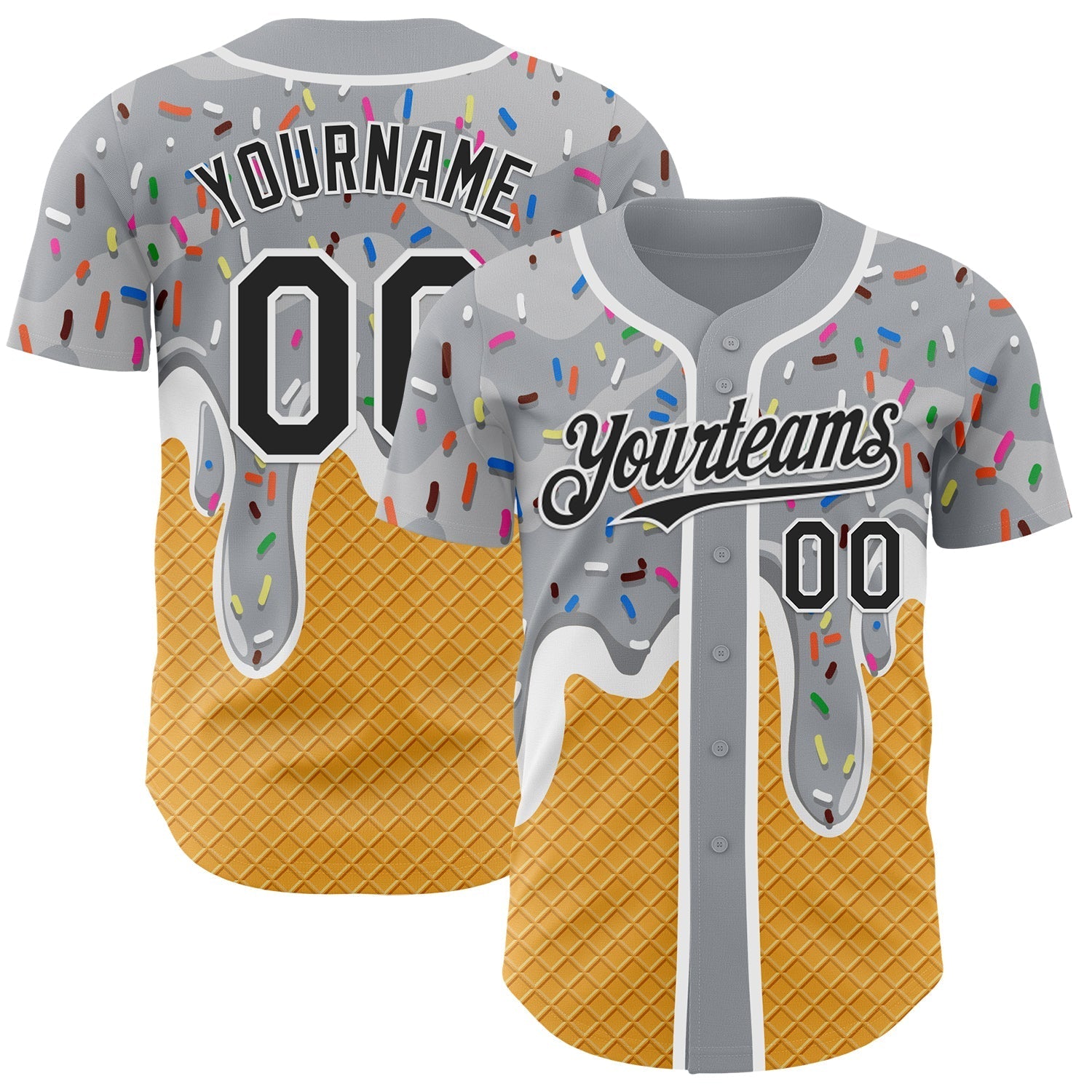 Custom Gray Black Yellow-White Foodie Food Dessert Melting Cream Waffle Grid Authentic Baseball Jersey baseball jersey product view 1