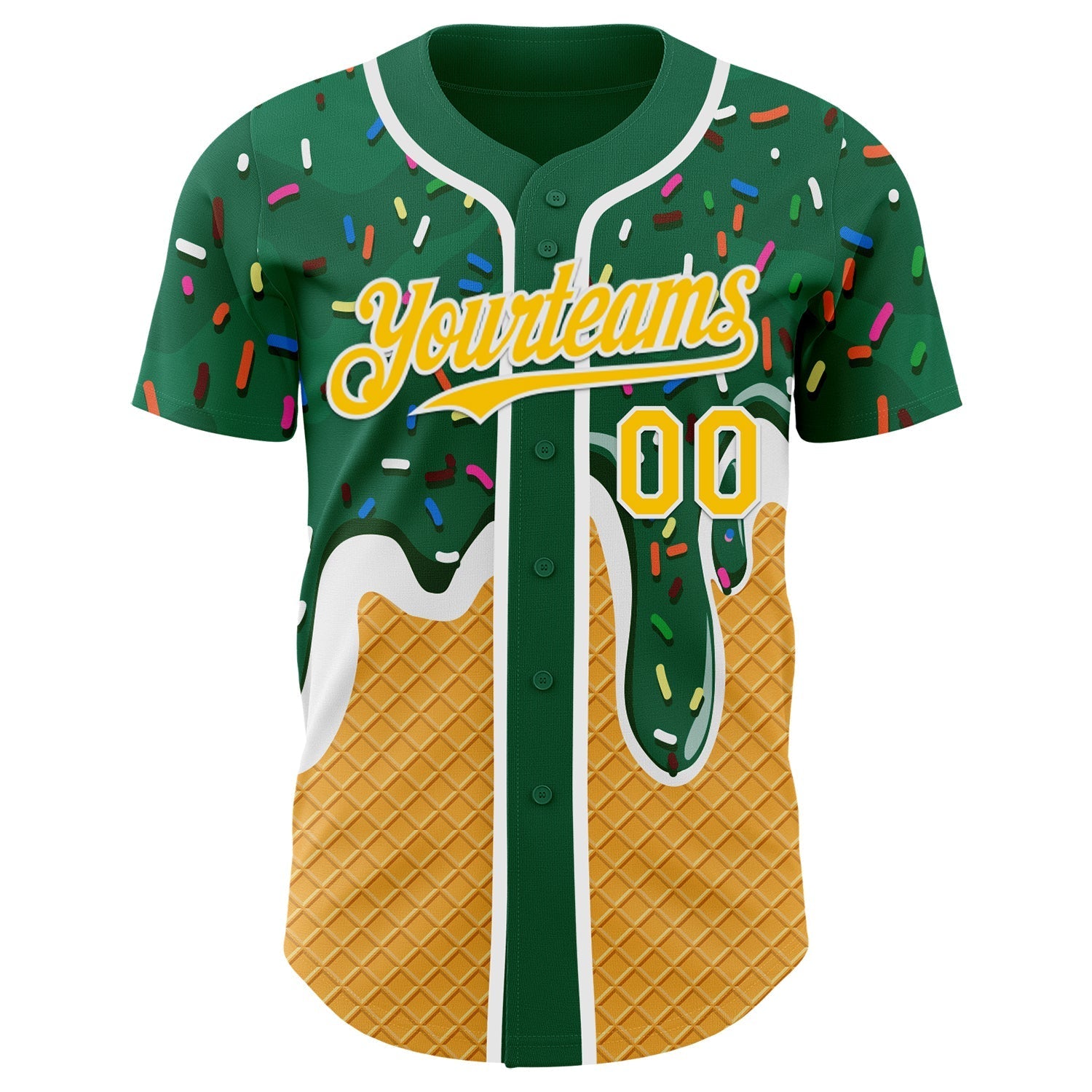 Custom Green Yellow-White Foodie Food Dessert Melting Cream Waffle Grid Authentic Baseball Jersey baseball jersey product view 2