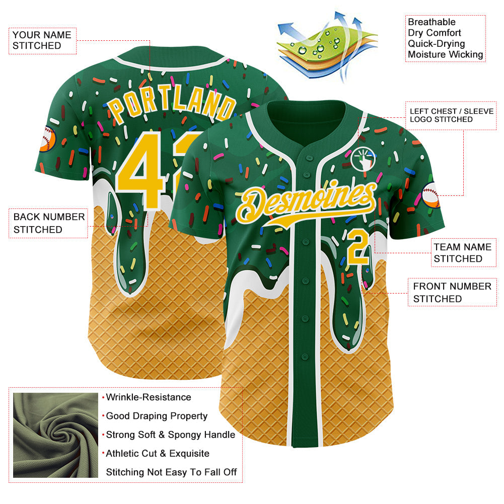 Custom Green Yellow-White Foodie Food Dessert Melting Cream Waffle Grid Authentic Baseball Jersey baseball jersey product view 3