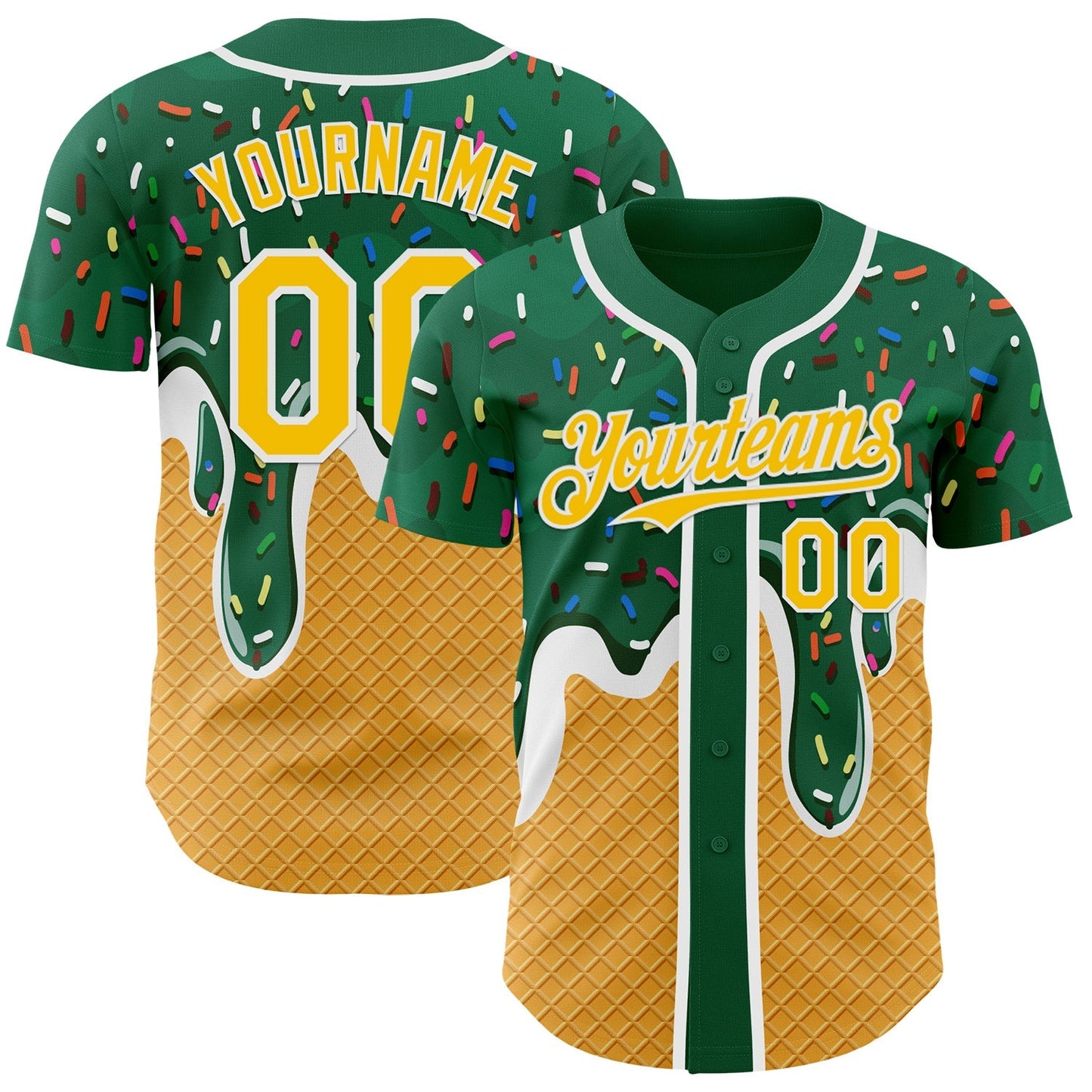 Custom Green Yellow-White Foodie Food Dessert Melting Cream Waffle Grid Authentic Baseball Jersey baseball jersey product view 1