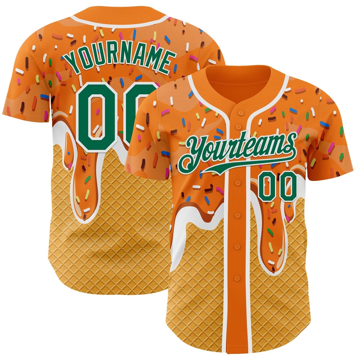 Custom Bay Orange Kelly Green Yellow-White Foodie Food Dessert Melting Cream Waffle Grid Authentic Baseball Jersey baseball jersey product view 1