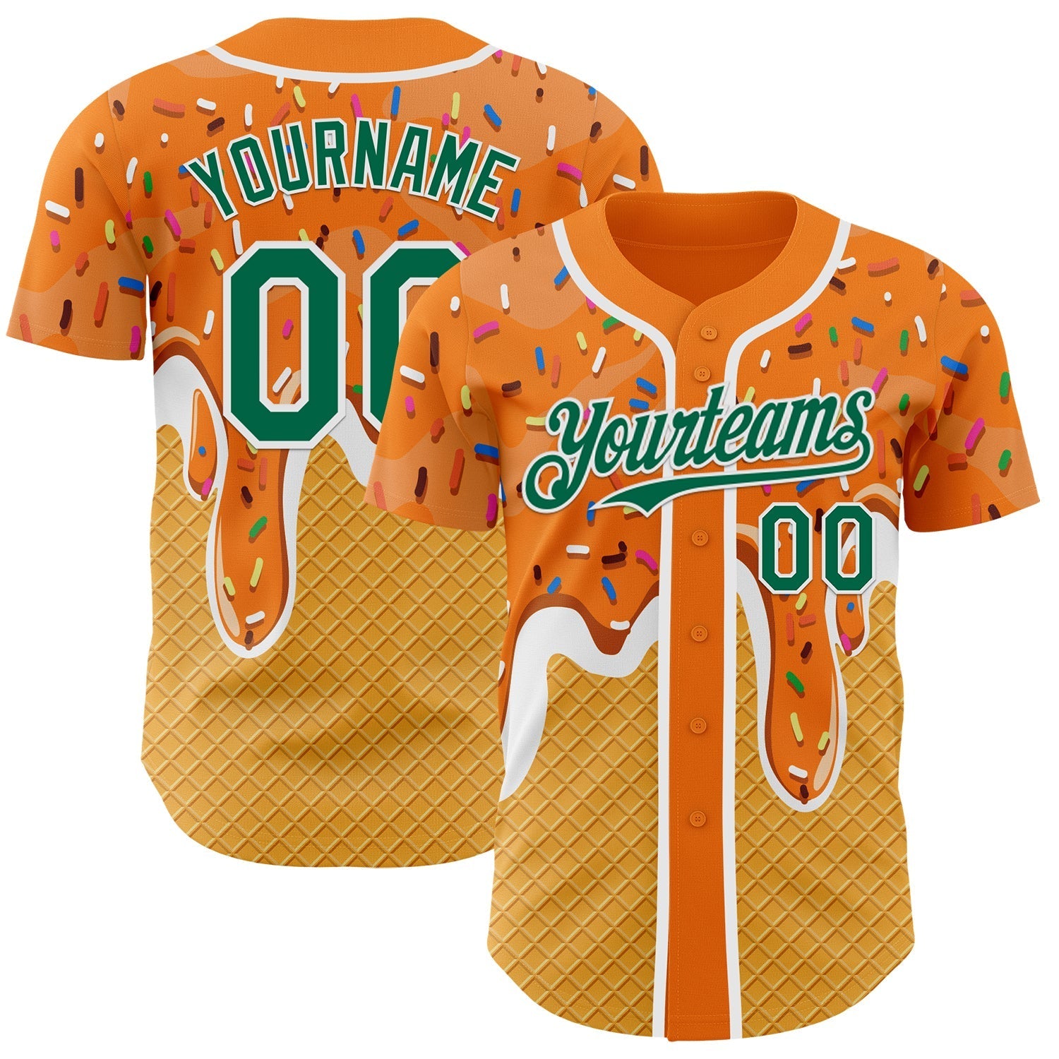 Custom Bay Orange Kelly Green Yellow-White Foodie Food Dessert Melting Cream Waffle Grid Authentic Baseball Jersey baseball jersey product view 1