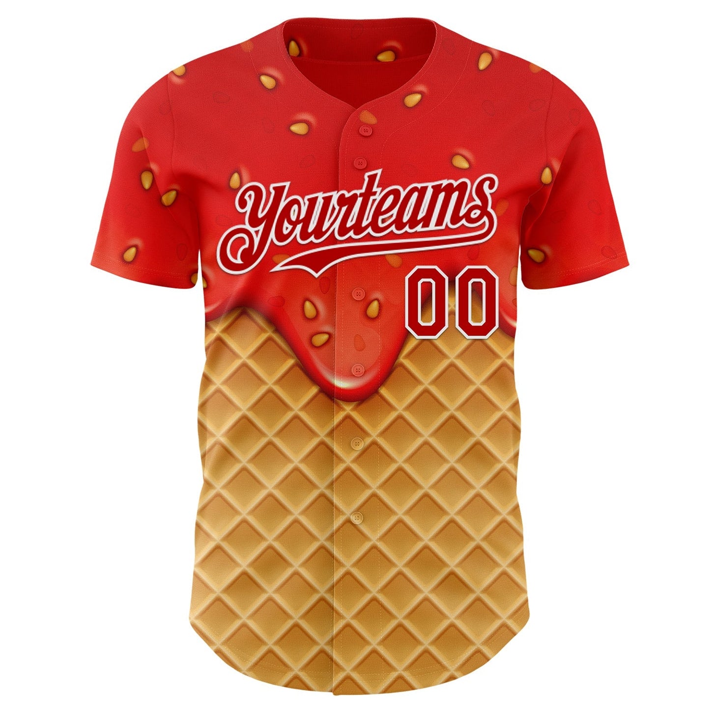 Custom Red Yellow-White Foodie Food Dessert Melting Cream Waffle Grid Authentic Baseball Jersey baseball jersey product view 2