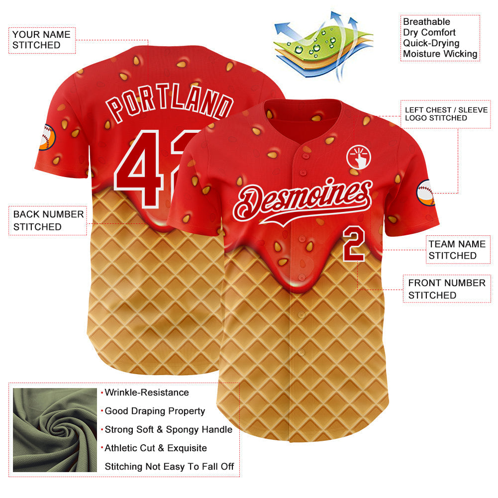 Custom Red Yellow-White Foodie Food Dessert Melting Cream Waffle Grid Authentic Baseball Jersey baseball jersey product view 3