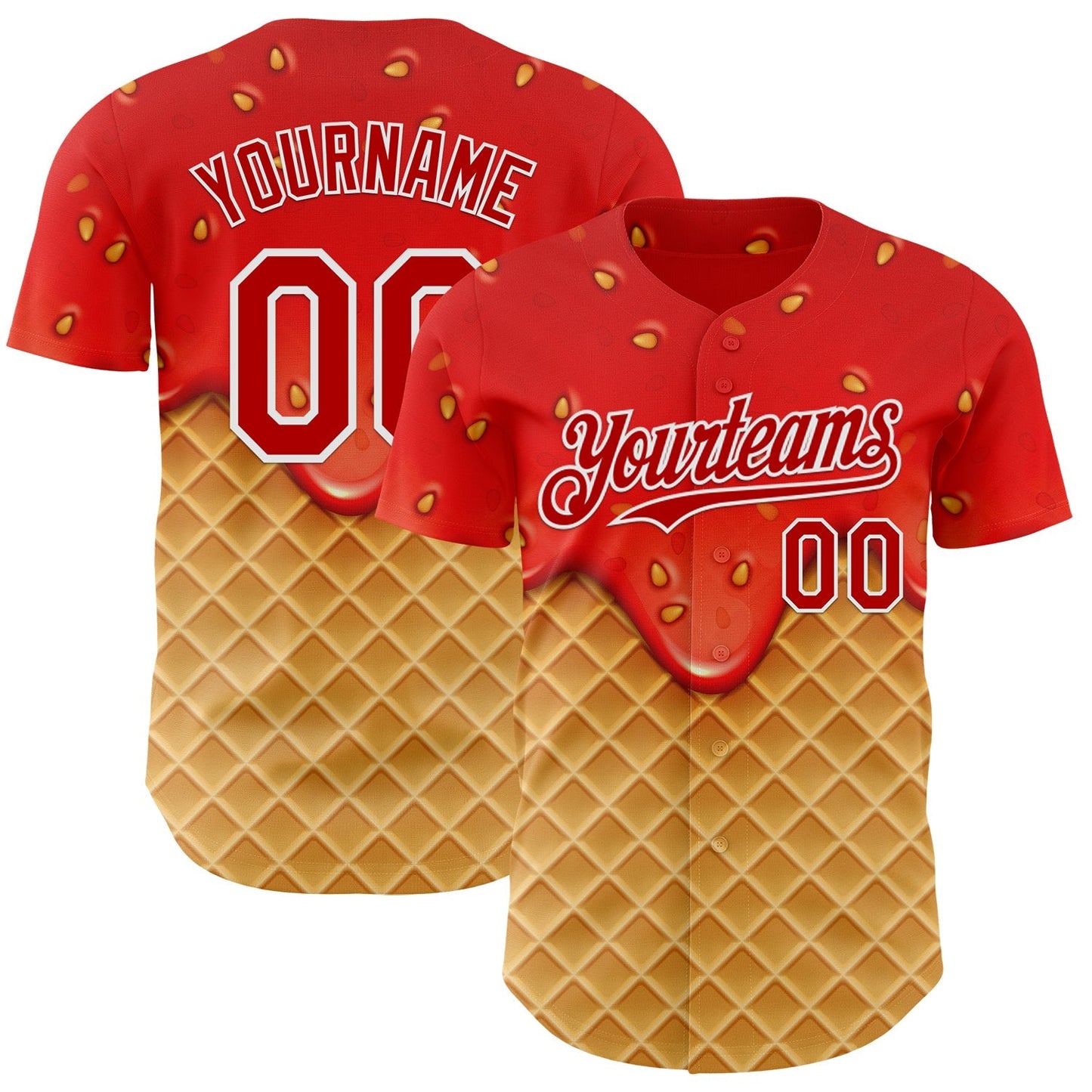 Custom Red Yellow-White Foodie Food Dessert Melting Cream Waffle Grid Authentic Baseball Jersey baseball jersey product view 1