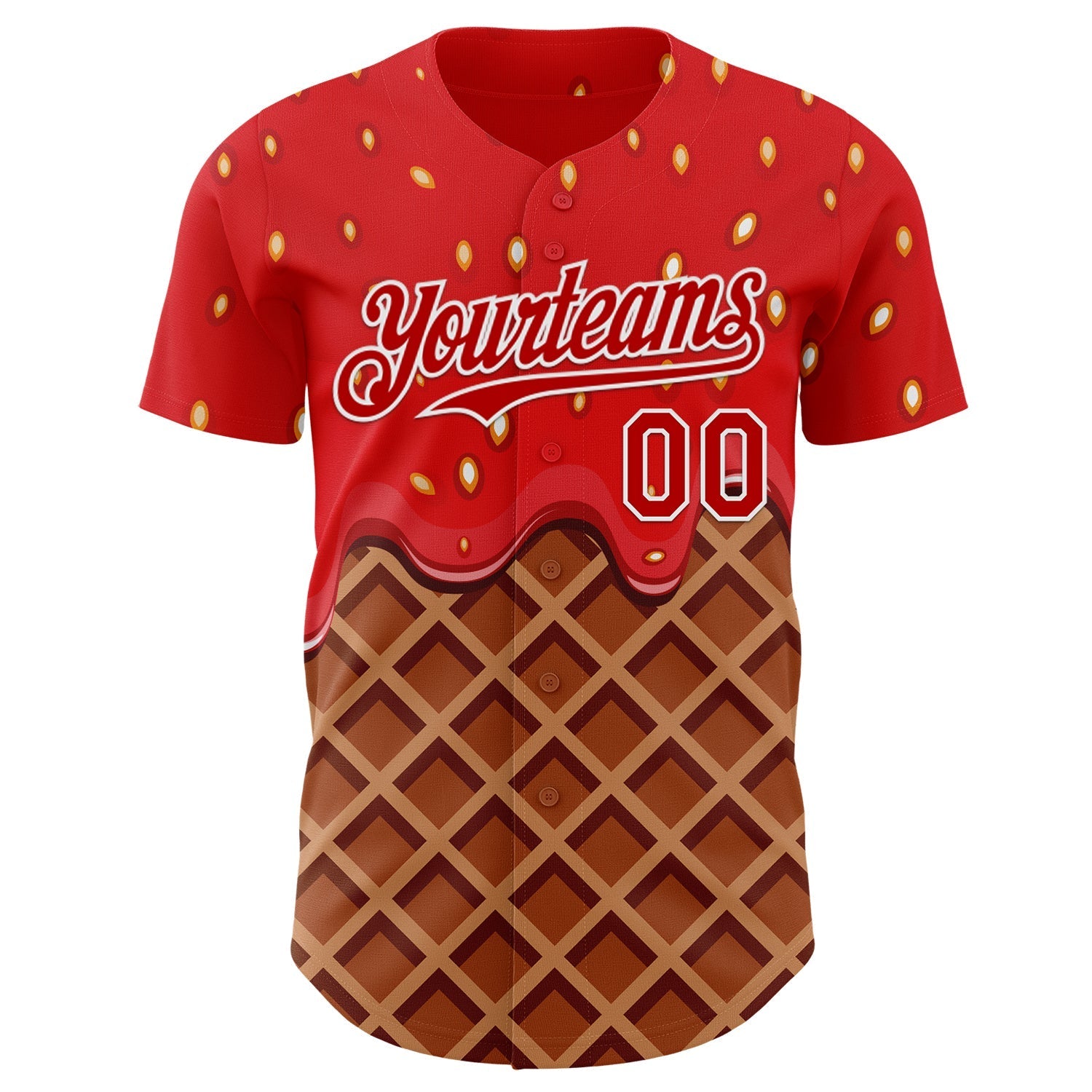 Custom Red Brown-White Foodie Food Dessert Melting Cream Waffle Grid Authentic Baseball Jersey baseball jersey product view 2