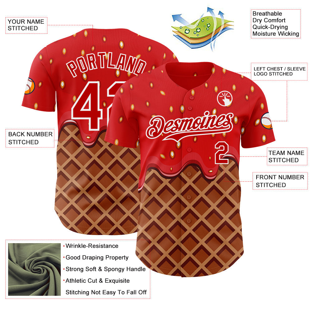 Custom Red Brown-White Foodie Food Dessert Melting Cream Waffle Grid Authentic Baseball Jersey baseball jersey product view 3
