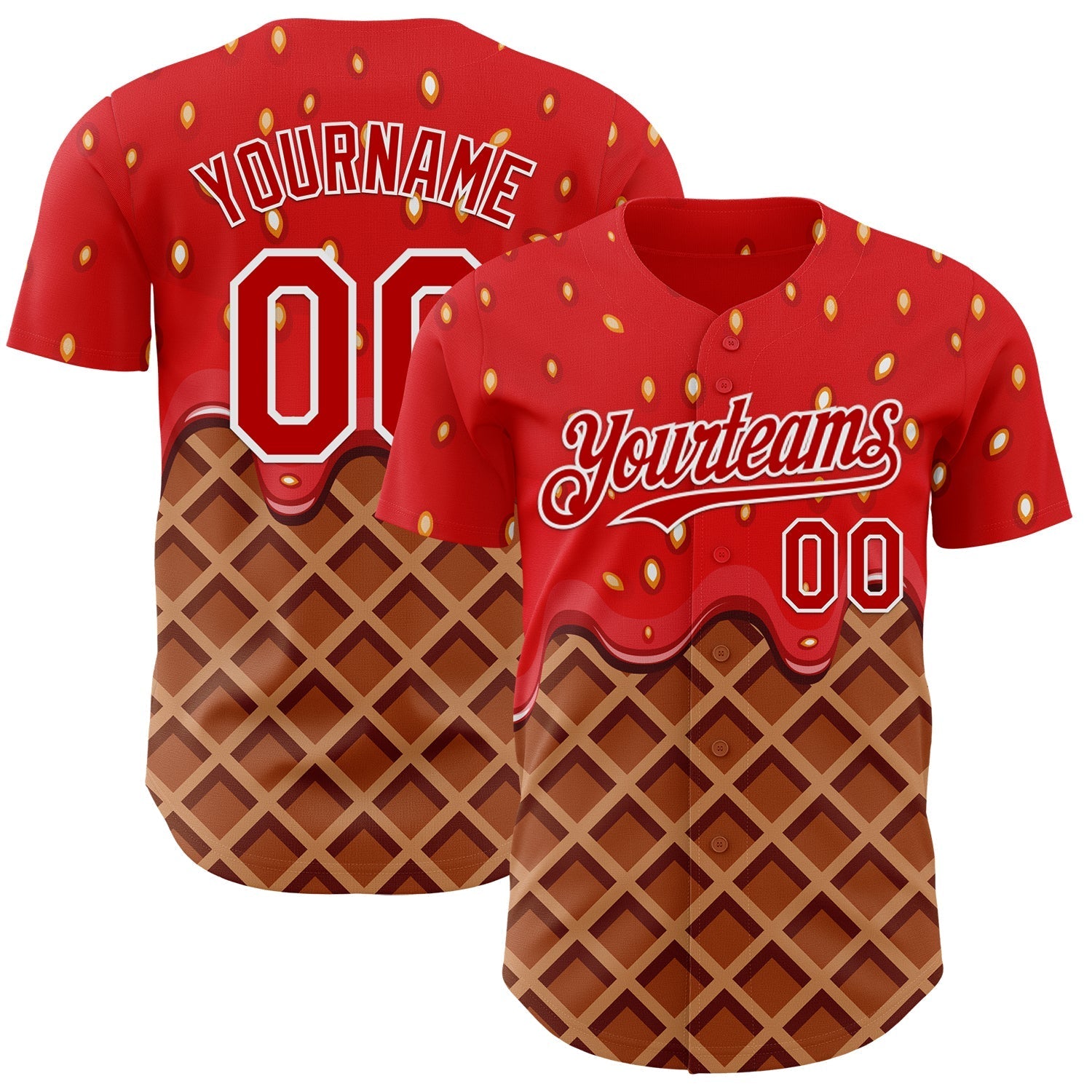 Custom Red Brown-White Foodie Food Dessert Melting Cream Waffle Grid Authentic Baseball Jersey baseball jersey product view 1