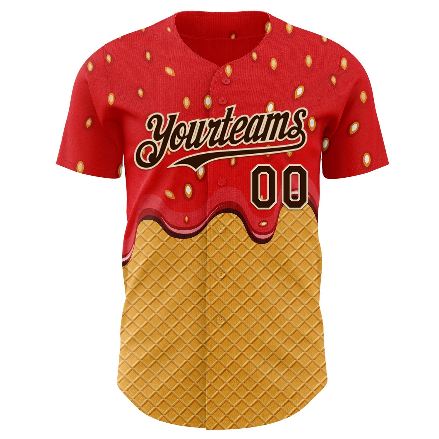 Custom Red Brown Yellow-Cream Foodie Food Dessert Melting Cream Waffle Grid Authentic Baseball Jersey baseball jersey product view 2