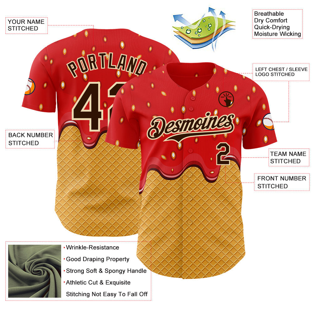 Custom Red Brown Yellow-Cream Foodie Food Dessert Melting Cream Waffle Grid Authentic Baseball Jersey baseball jersey product view 3