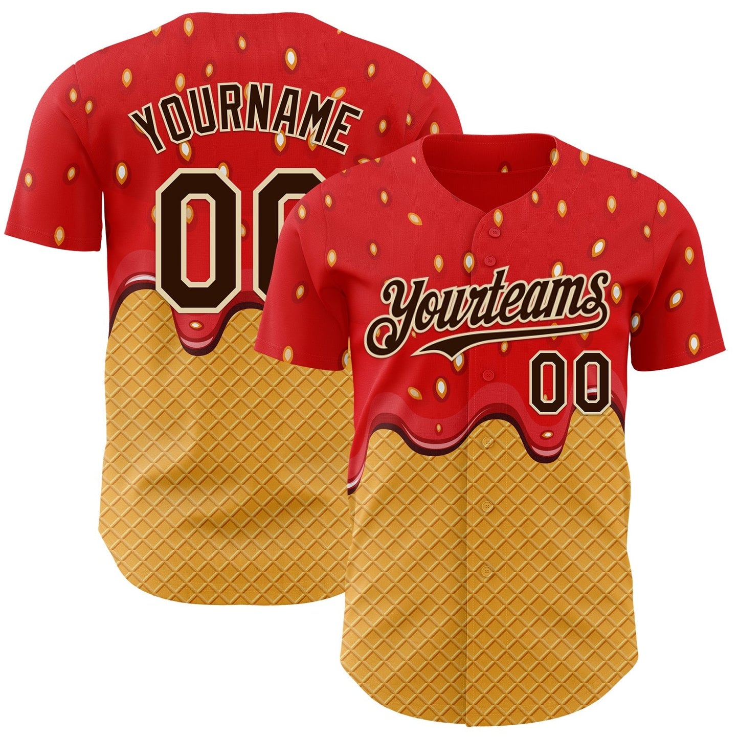 Custom Red Brown Yellow-Cream Foodie Food Dessert Melting Cream Waffle Grid Authentic Baseball Jersey baseball jersey product view 1