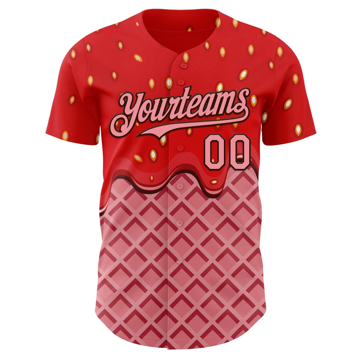 Custom Red Medium Pink-Brown Foodie Food Dessert Melting Cream Waffle Grid Authentic Baseball Jersey baseball jersey product view 2