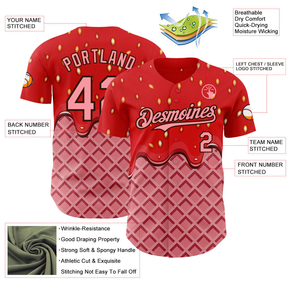 Custom Red Medium Pink-Brown Foodie Food Dessert Melting Cream Waffle Grid Authentic Baseball Jersey baseball jersey product view 3