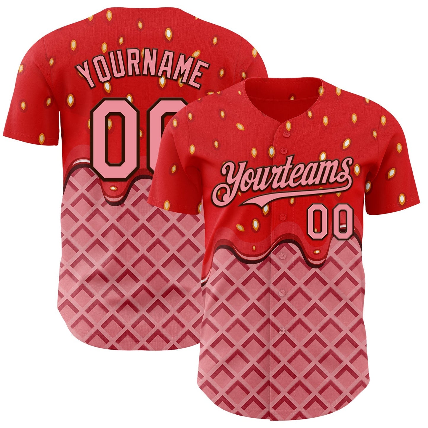 Custom Red Medium Pink-Brown Foodie Food Dessert Melting Cream Waffle Grid Authentic Baseball Jersey baseball jersey product view 1
