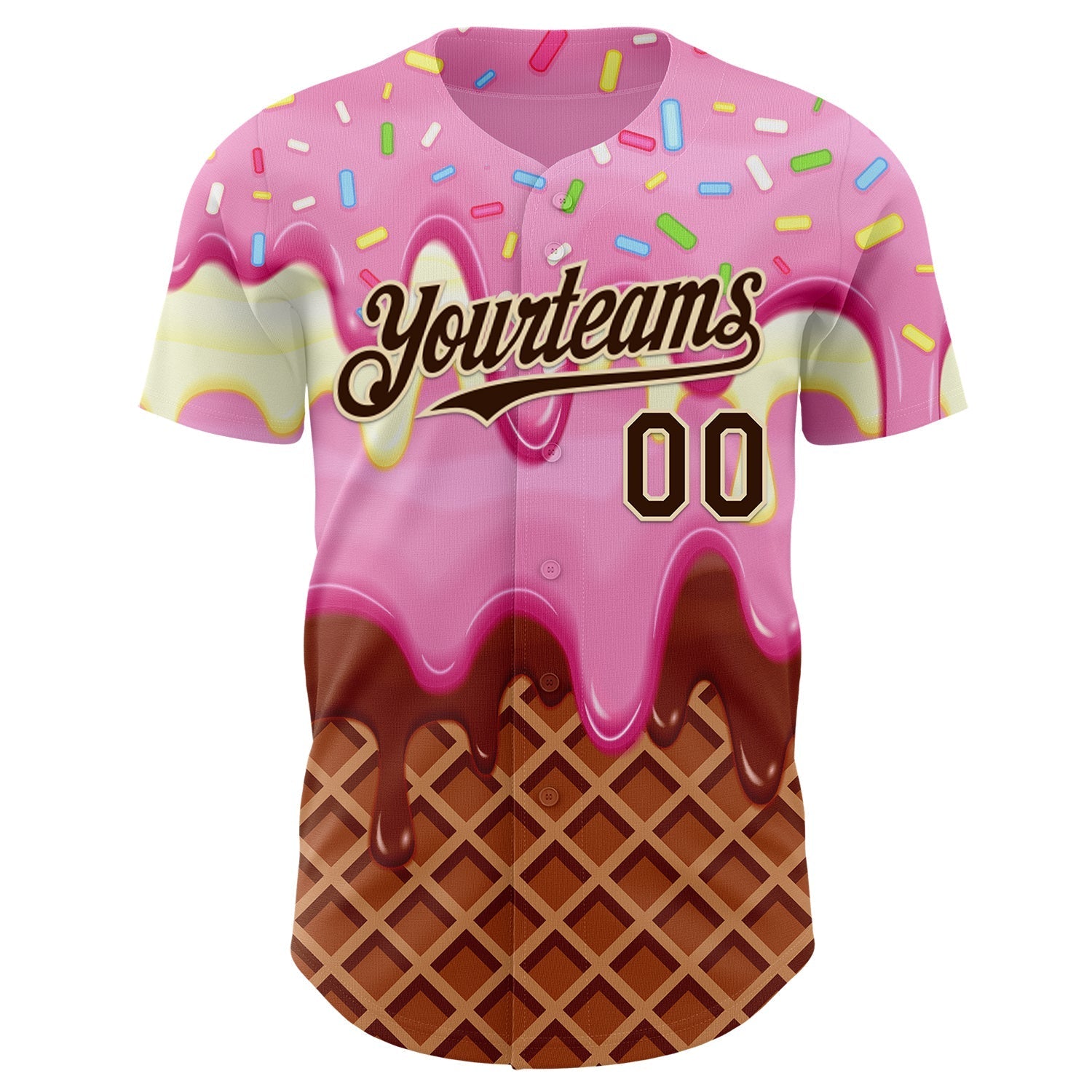 Custom Light Pink Brown-Cream Foodie Food Dessert Melting Cream Waffle Grid Authentic Baseball Jersey baseball jersey product view 2