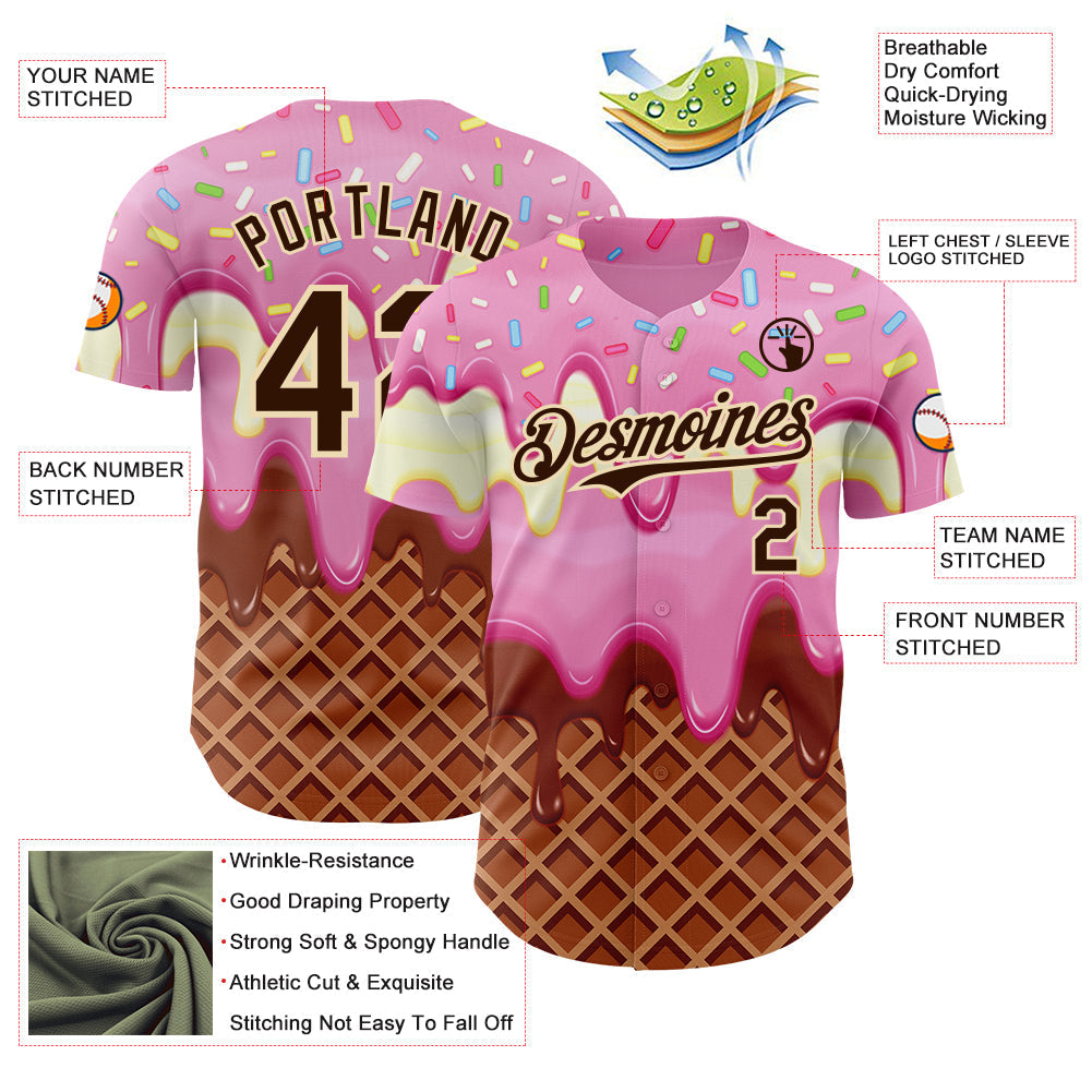 Custom Light Pink Brown-Cream Foodie Food Dessert Melting Cream Waffle Grid Authentic Baseball Jersey baseball jersey product view 3