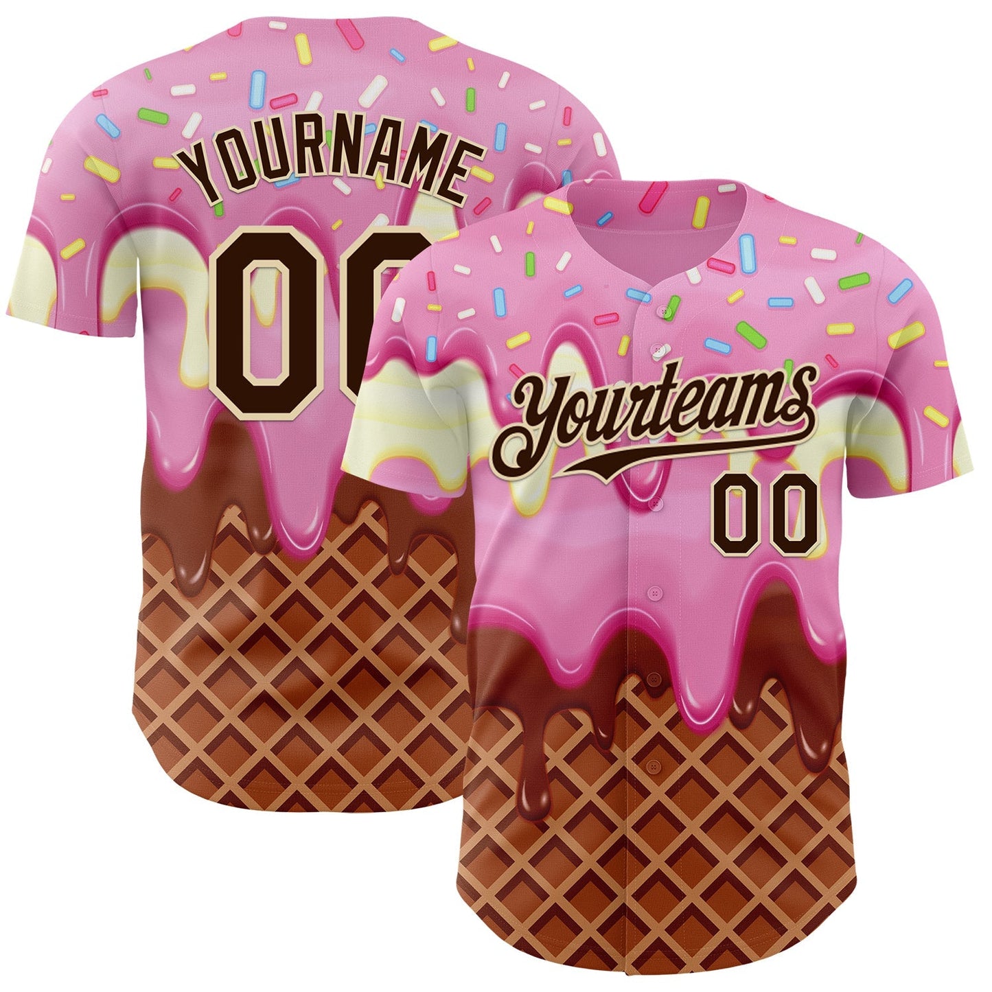 Custom Light Pink Brown-Cream Foodie Food Dessert Melting Cream Waffle Grid Authentic Baseball Jersey baseball jersey product view 1