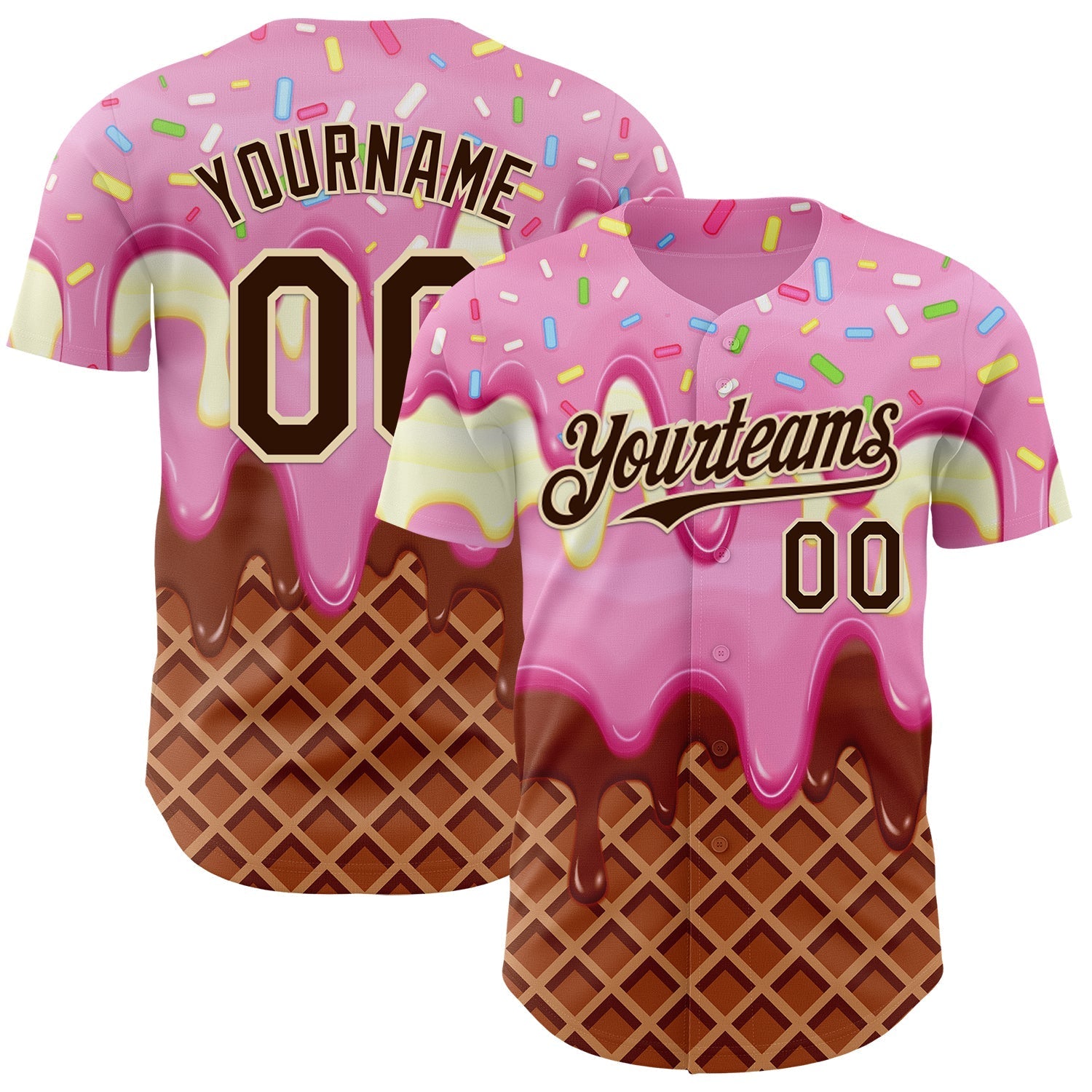 Custom Light Pink Brown-Cream Foodie Food Dessert Melting Cream Waffle Grid Authentic Baseball Jersey baseball jersey product view 1